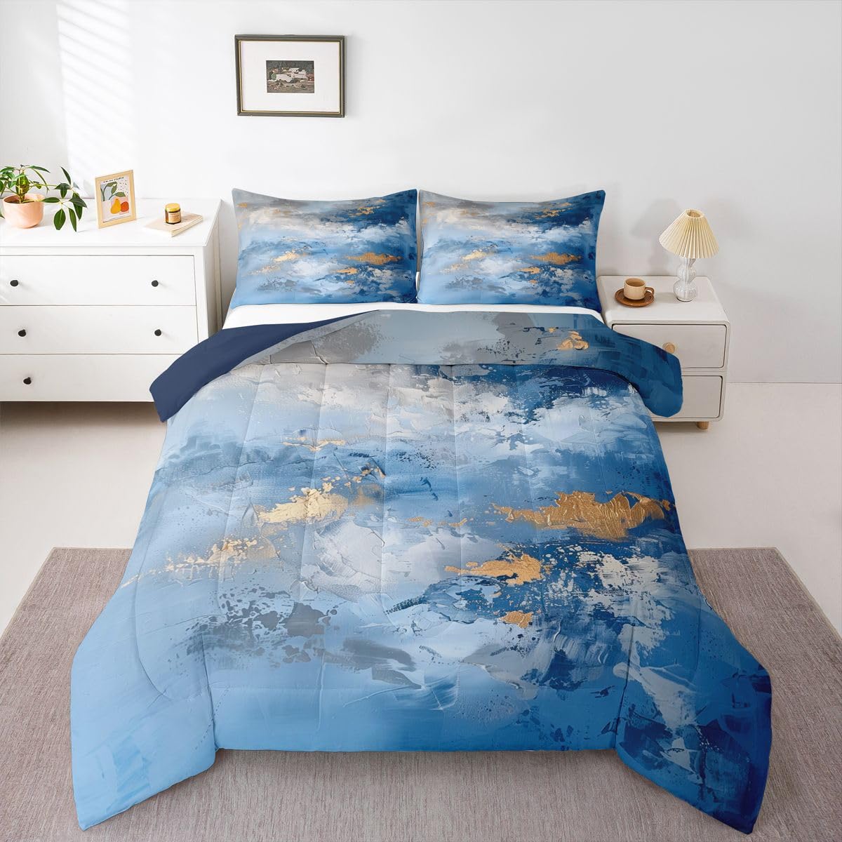 jejeloiu Abstract Kids Comforter Set Toddler Size Blue Modern Bedding Set Coastal Sunset Duvet Quilt for Kids Boys Girls Bedroom Decor Microfiber Ultra Soft Breathable