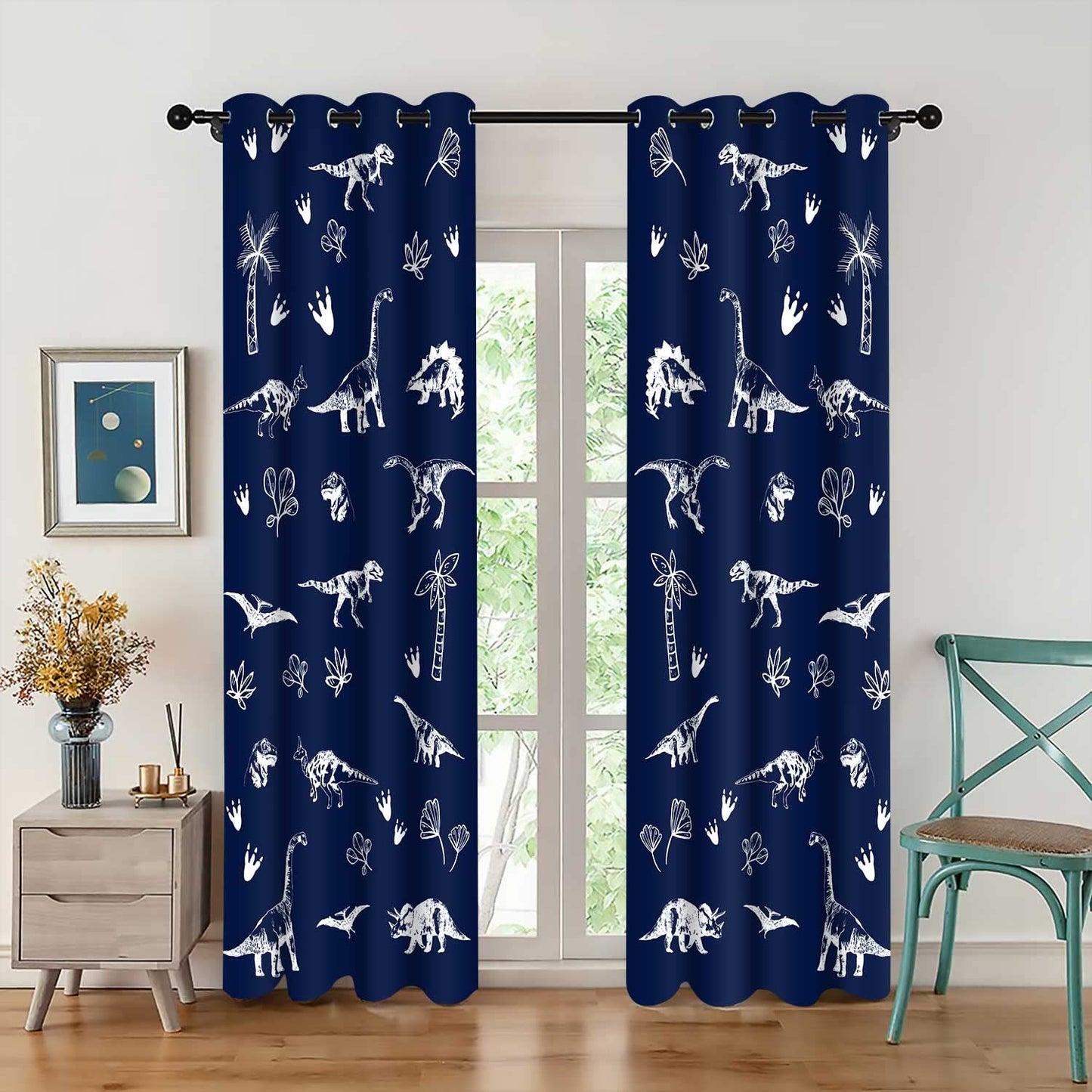 MIZSYE Navy Blue Dinosaur Printed Curtains Cartoon Dinosaur Graffiti Boys Bedroom Blackout Curtains Animal Printing Insulated Curtains Kids Teenage Playroom Living Room Decor 42x84Inch CLZYMS82