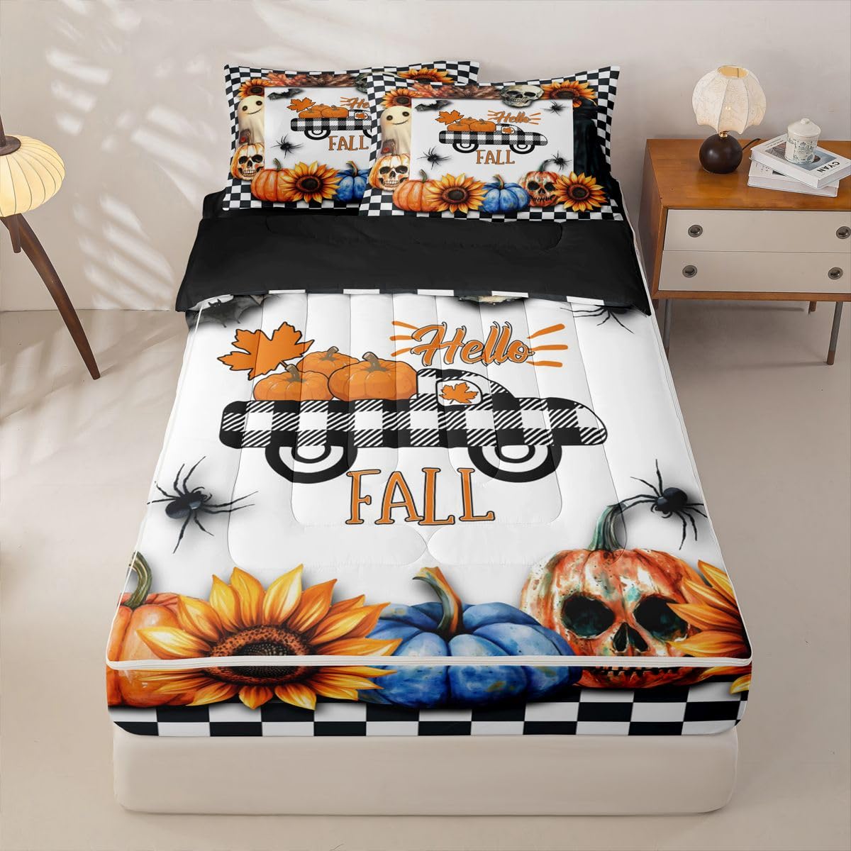 Feelyou Pumpkin Car Zipper Bedding Sets Kids Sugar Skull Bat Print Queen Comforter Set with Fitted Sheet Autumn Plants Themed Plaid Comforter Halloween Style Bed in A Bag