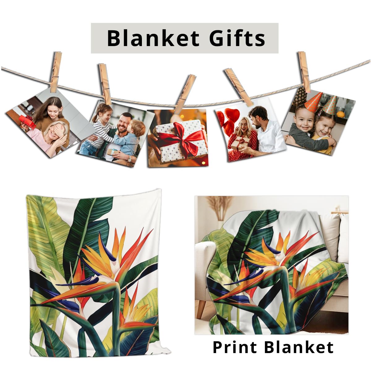 HUNXIAOJ Paradise Throw Blanket Birds Tropical Flowers Print Throw Floral Flannel Blanket for Sofa Bed Couch Office Home Decor Nature Botanical Lovers Gifts (49"x59")