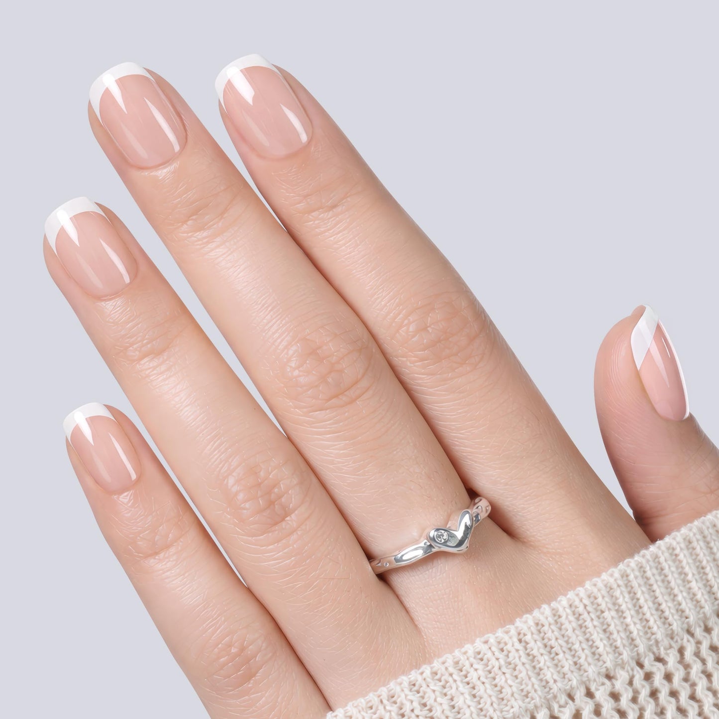 UNA GELLA 32Pcs Soft Gel Press on Nails - 16 Sizes Silver Mirror French Tip Short Square Glue on Nails, Reusable Metallic Chrome False Nails, Full Cover Acrylic Nail Kit for Women DIY Home Manicure