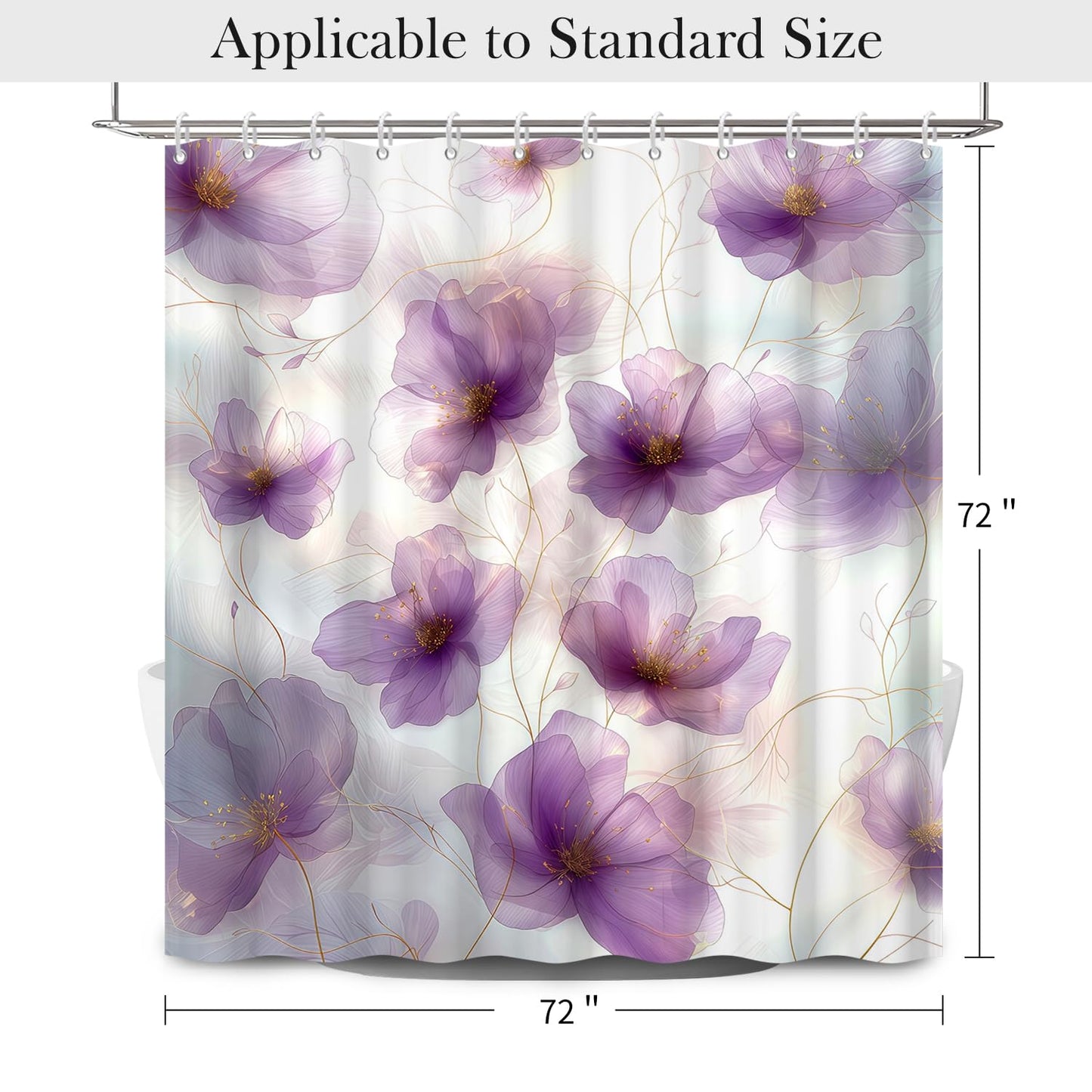 NAEMBCU Purple Floral Shower Curtain with Hooks - 72x72 Inch Waterproof Fabric Bathroom Curtain with Watercolor Abstract Flower Pattern, Washable Bath Curtain for Modern Glam Interiors
