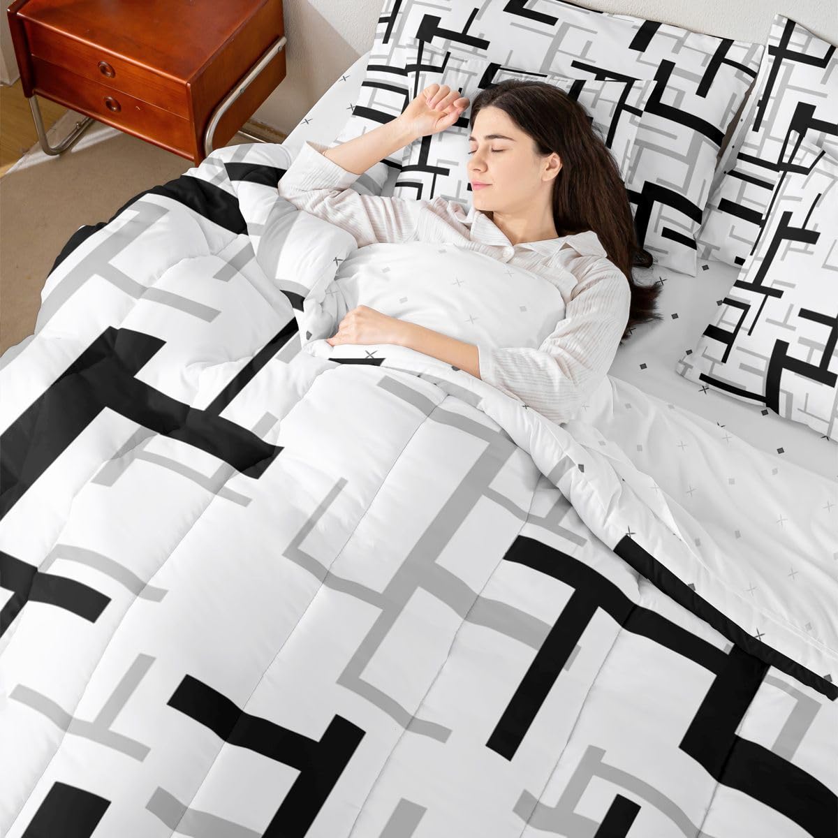 jejeloiu Geometric Comforter Set King Size 7 Pieces Black White Geometrical Bedding Set for Kids Boys Girls Stripe Line Bed in a Bag with Comforter, Sheets, Pillowcases, Cushion Covers Bedroom Decor