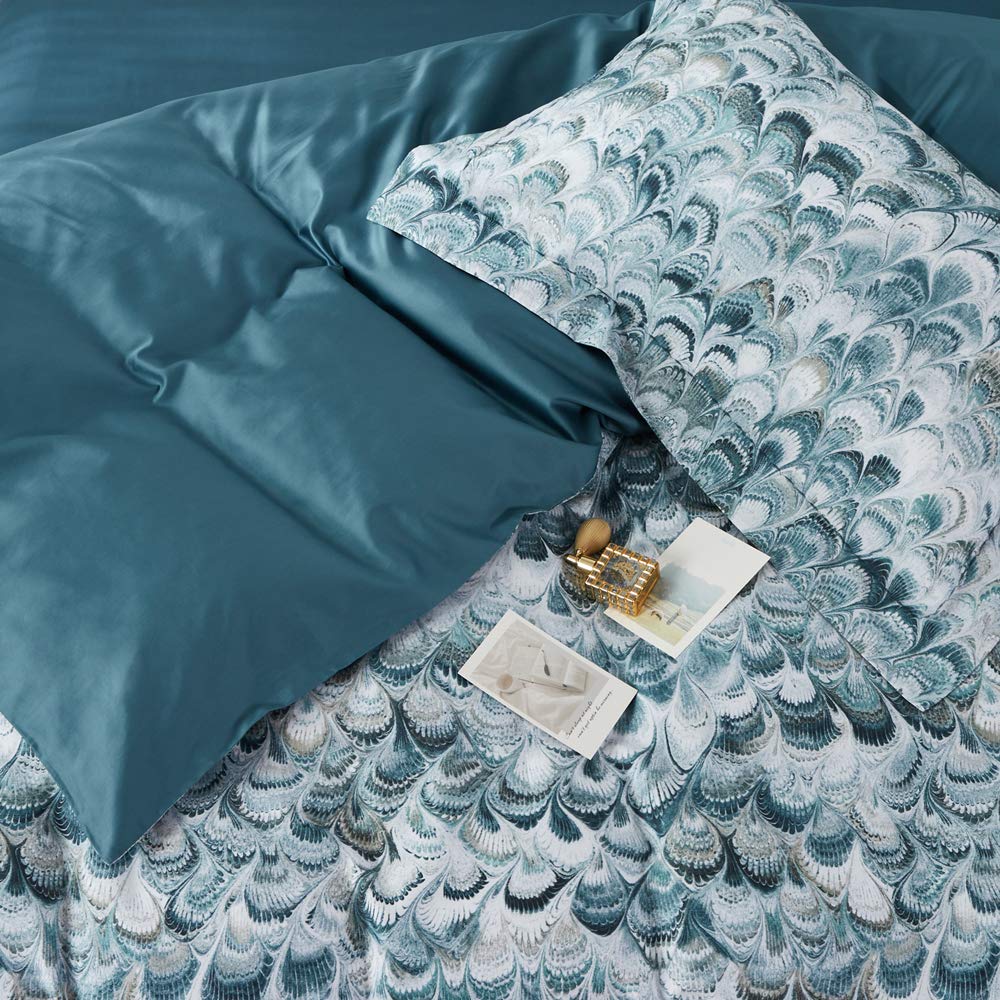 MILDLY 100% Long Staple Cotton King Duvet Cover Set, Aqua Blue Peacock Tail Plume Pattern Printed Comforter Cover Set