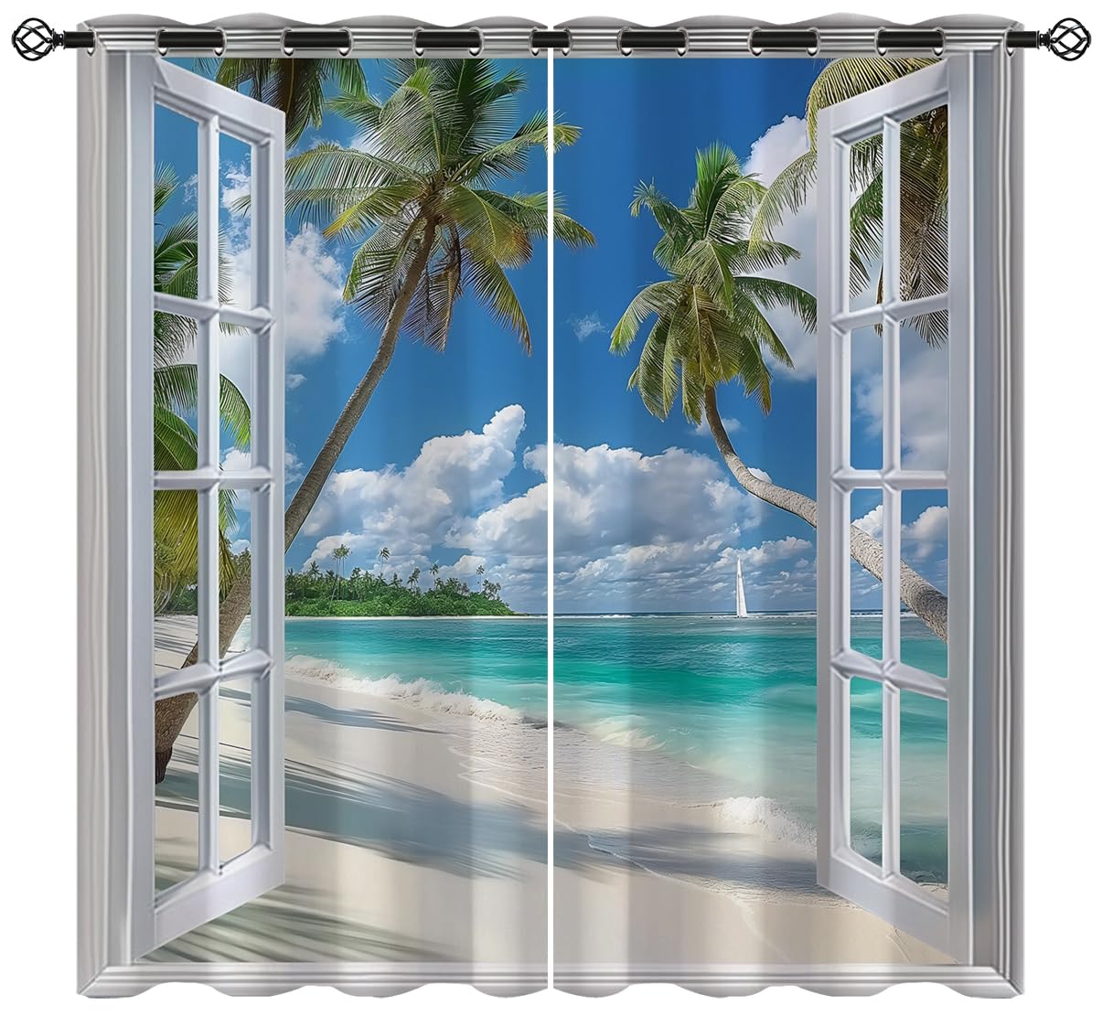 Beach Blackout Curtains for Girls Boys Teens Home Decor, Tropical Summer Scene Ocean Island Palm Tree Grommet Thermal Insulated Drapes Darkening Window Curtain for Bedroom Living Room, 84 x 84 Inch