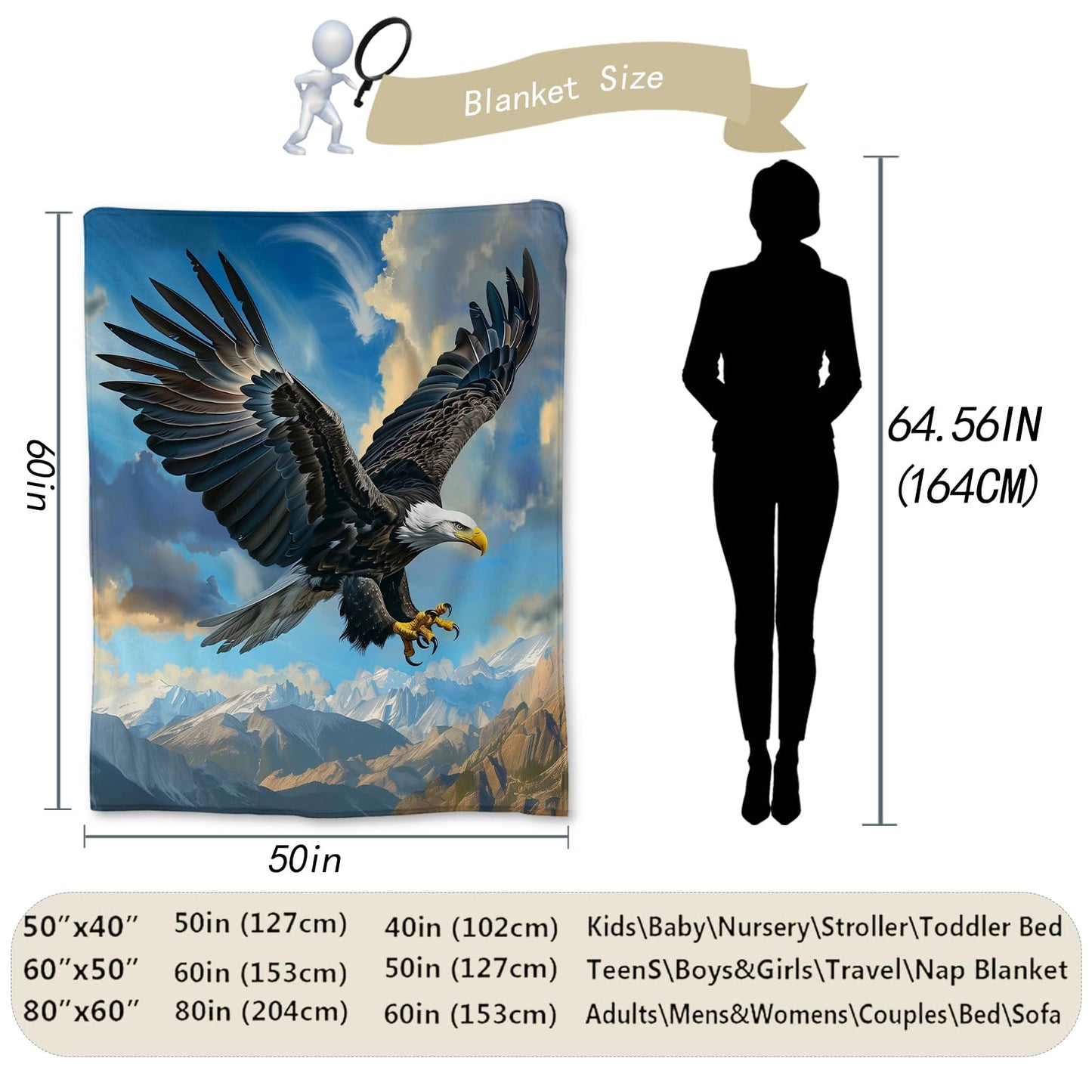 Ti Caldi Stunning Eagle Blanket | Soft Warm Fuzzy Lightweight Flannel Throw Blanket for Couch, Bed, Decor, Travel & Outdoor Use, Cozy Blankets for Adults Women Men 60×50 in