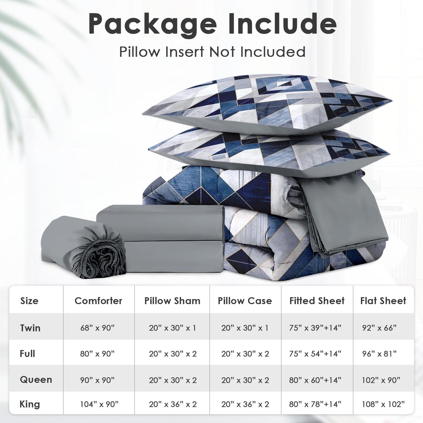 Boewywh Comforter Set Twin Size Geometric Abstract Modern 7 Pcs, Bedding for Kids and Adults, Blue Navy Bed Sheet Sets with Fitted Sheet 2 Pillowcases & 2 Shams for Bedroom Bed Decor