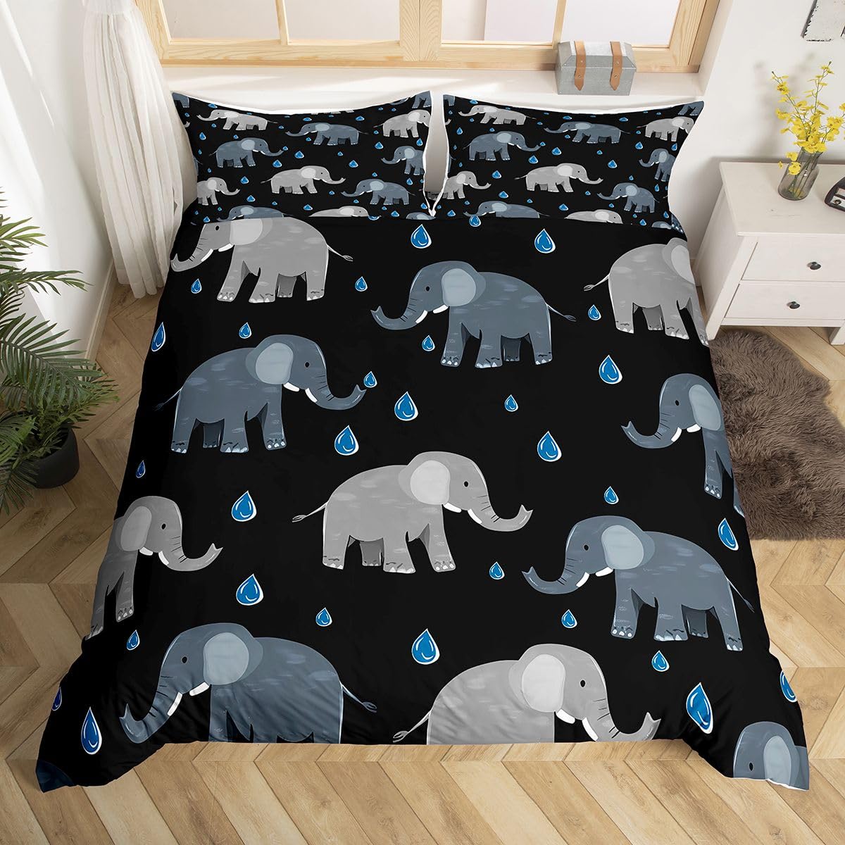 Erosebridal Elephant Comforter Cover Twin Black and Gray Duvet Cover for Kids Teens Raindrops Bedding Set Wild Animals Bed Set