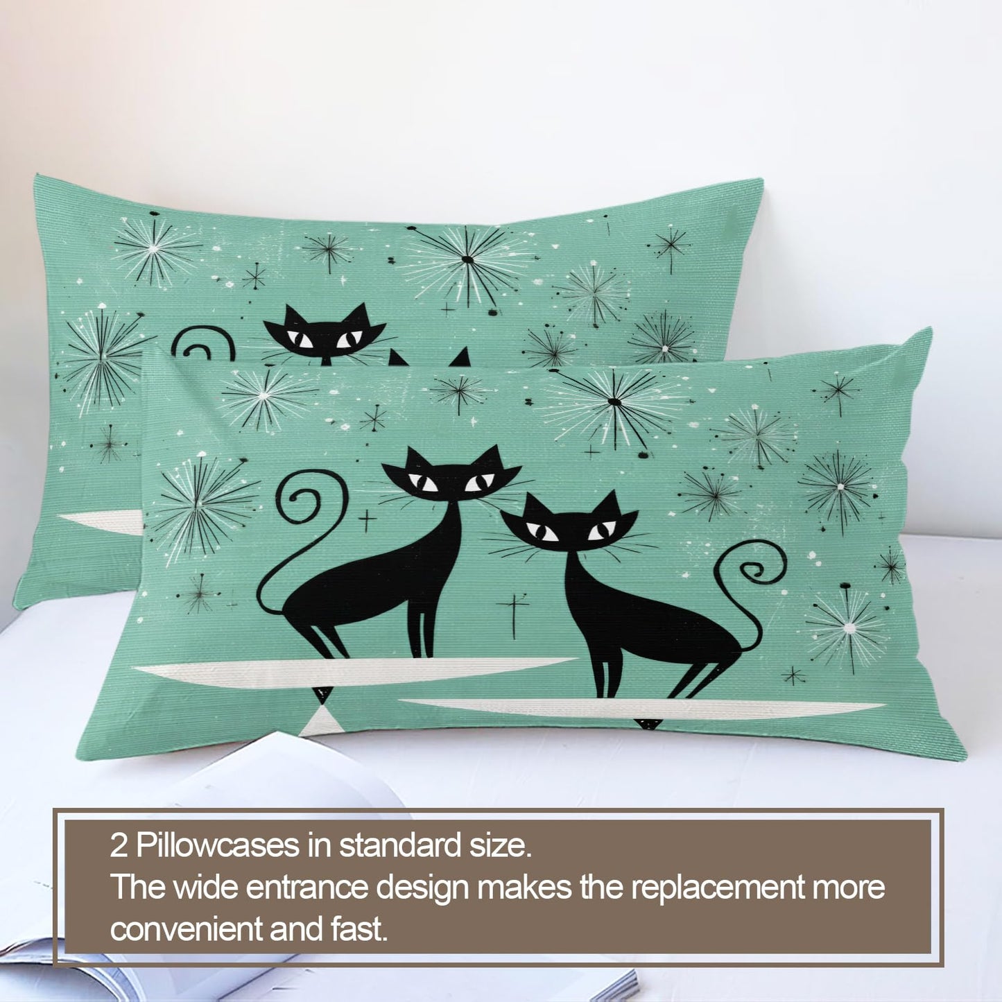 ZAMODE Cat Comforter Cover 90" x 90", Mid Century Black Cat Bedding Queen Size, Retro Atomic Duvet Cover with 2 Pillowcases