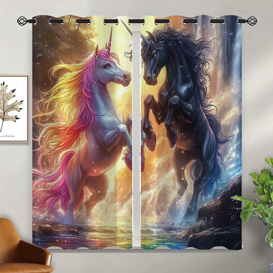 ONINUO Rainbow Unicorn Blackout Curtains for Girls Boy Home Decor, Fantasy Unicorn Animal Art Grommet Thermal Insulated Drapes Darkening Window Curtain for Bedroom Living Room, 42 x 45 Inch