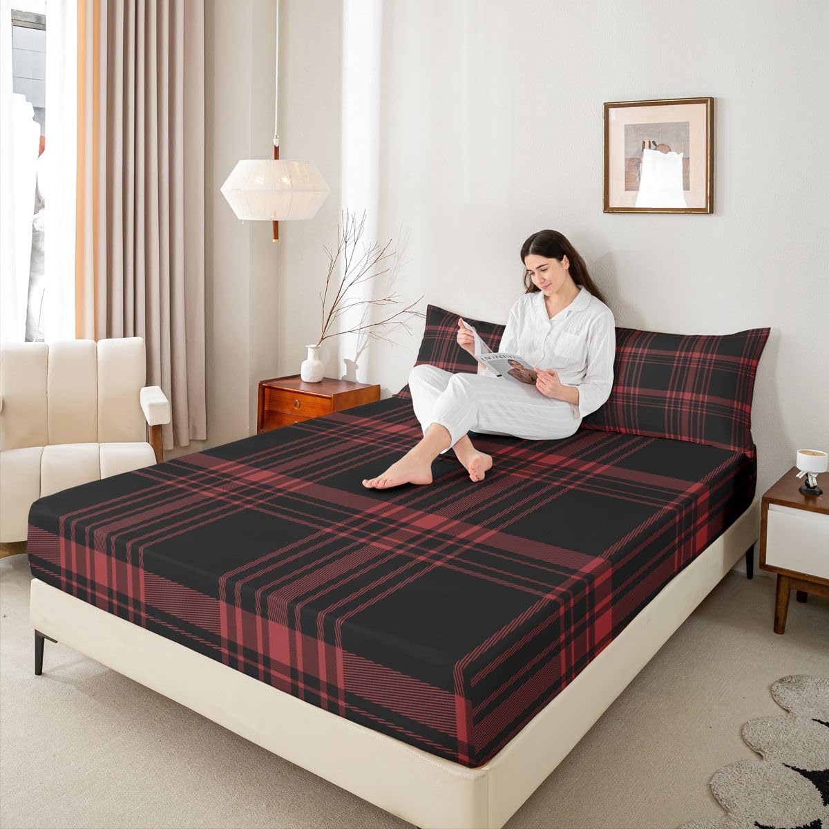 jejeloiu Classic Red Black Plaid Fitted Sheet with 1 Pillowcase Twin Size Checkerboard Bed Sheets Set 16" Deep Pocket Boys Girls Farmhouse Bedding Aesthetic Grid Teens Bedroom Decor Breathable