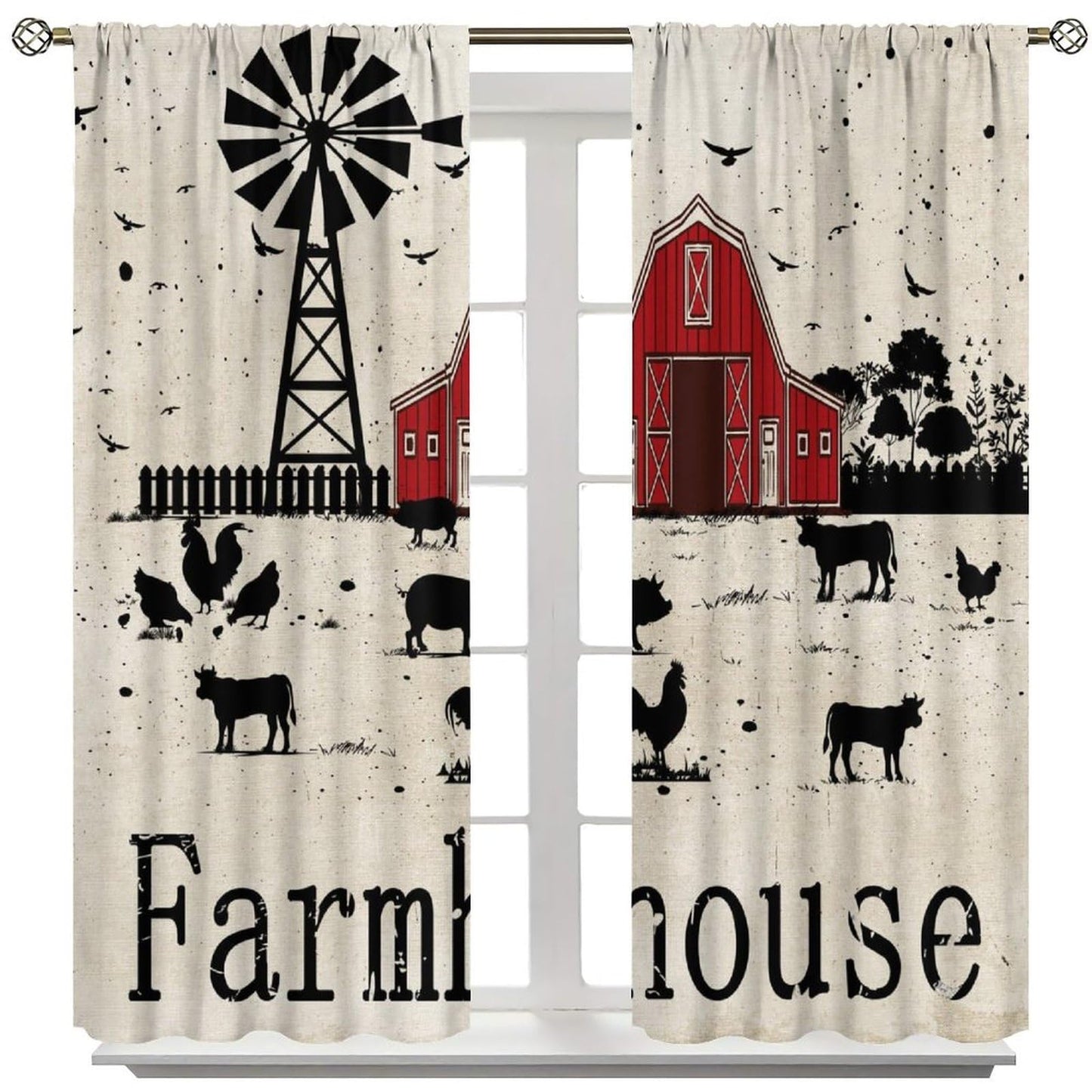 YCness Country Farmhouse Curtains Red House Cow Pig Chicken Window Treatments for Rod Pocket Drapesfor Living Room Bedroom Kitchen 42x45 Inch