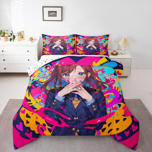 Erosebridal Anime Girl Full Bedding Set, Japanese Anime Comforter Set 3 Piece for Kids Girls Teens Adult Bedroom Decor, Cartoon Girl Quilt Kawaii Japanese Animation Bedding Comforter Sets