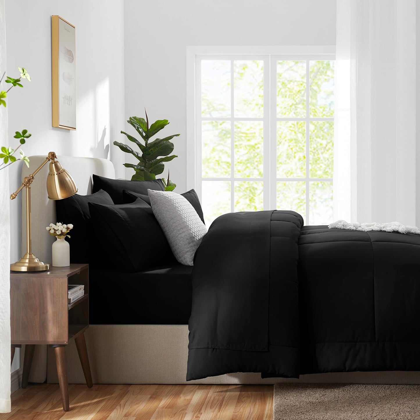 CozyLux Queen Comforter Set Black, 7 Pieces Bed in a Bag, Black Comforters Queen Size, All Season Bedding Sets with Stitch Quilted Comforter, Flat Sheet, Fitted Sheet, Pillowcases
