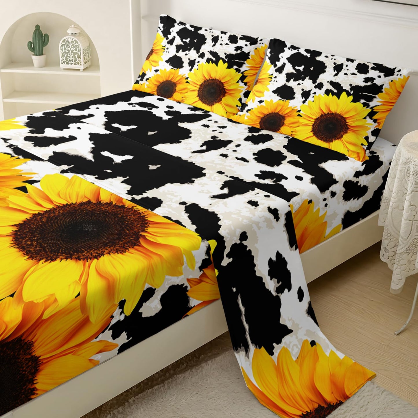 QOOMO Sunflower Sheets Queen Size Cow Print Bedding for Boys and Girls Animal Super Soft Kids Bedding Set Breathable Room Decoration 1 Fitted Sheet, 1 Flat Sheet, 2 Pillow Cases