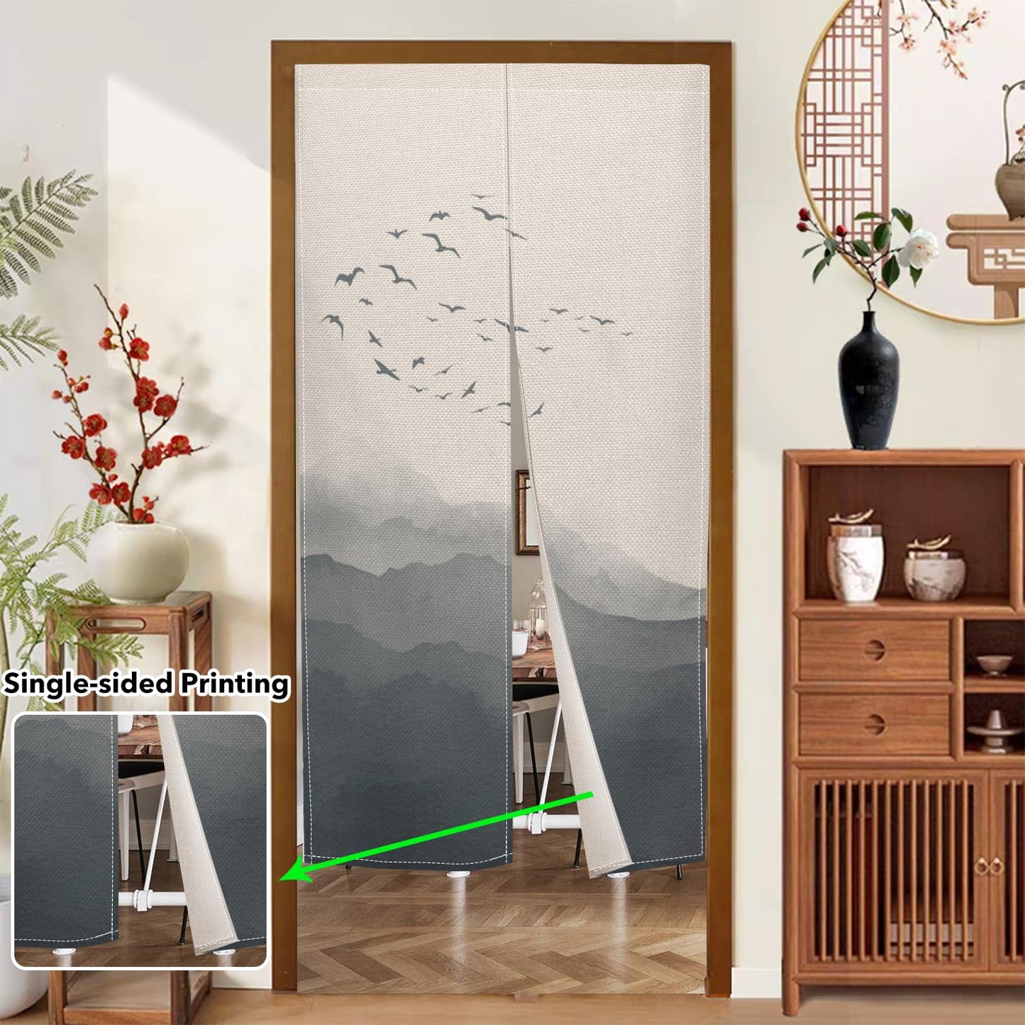 Leowefowa Jappanese Noren Doorway Curtain Traditional Chinese Ink Painting Mountain Japanese Feng Shui Door Curtain Tapestry Window Treatment Panel Room Door Divider Kitchen Home Decor, 33.5"x 70.9"