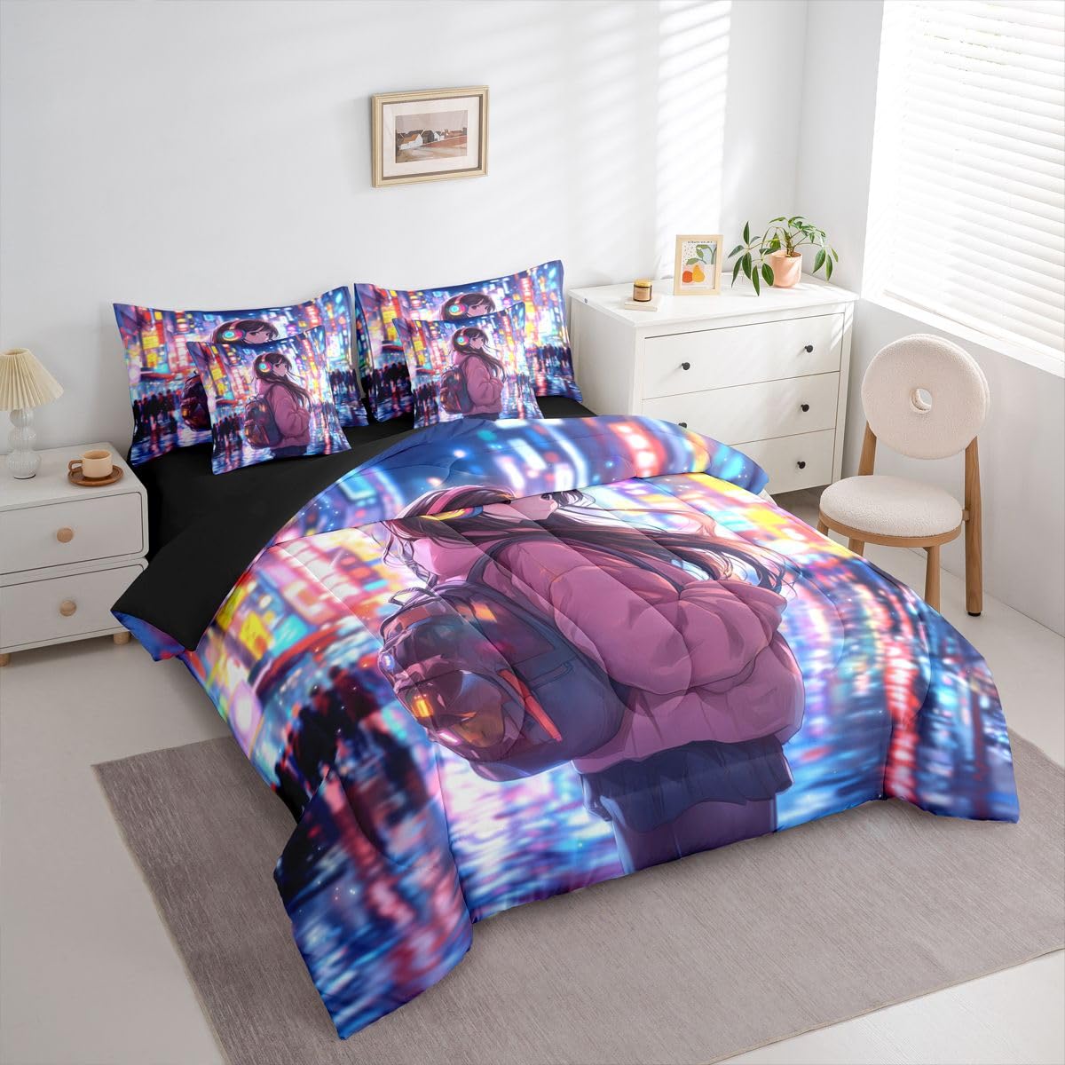 Erosebridal Cool Anime Girl Bedding Set Japanese Style Kids Full Comforter Set 7 Piece 3D Cartoon Girly Anime Bed in A Bag Sci Fi Style Gaming Sheet Set with Comforter Room Decor