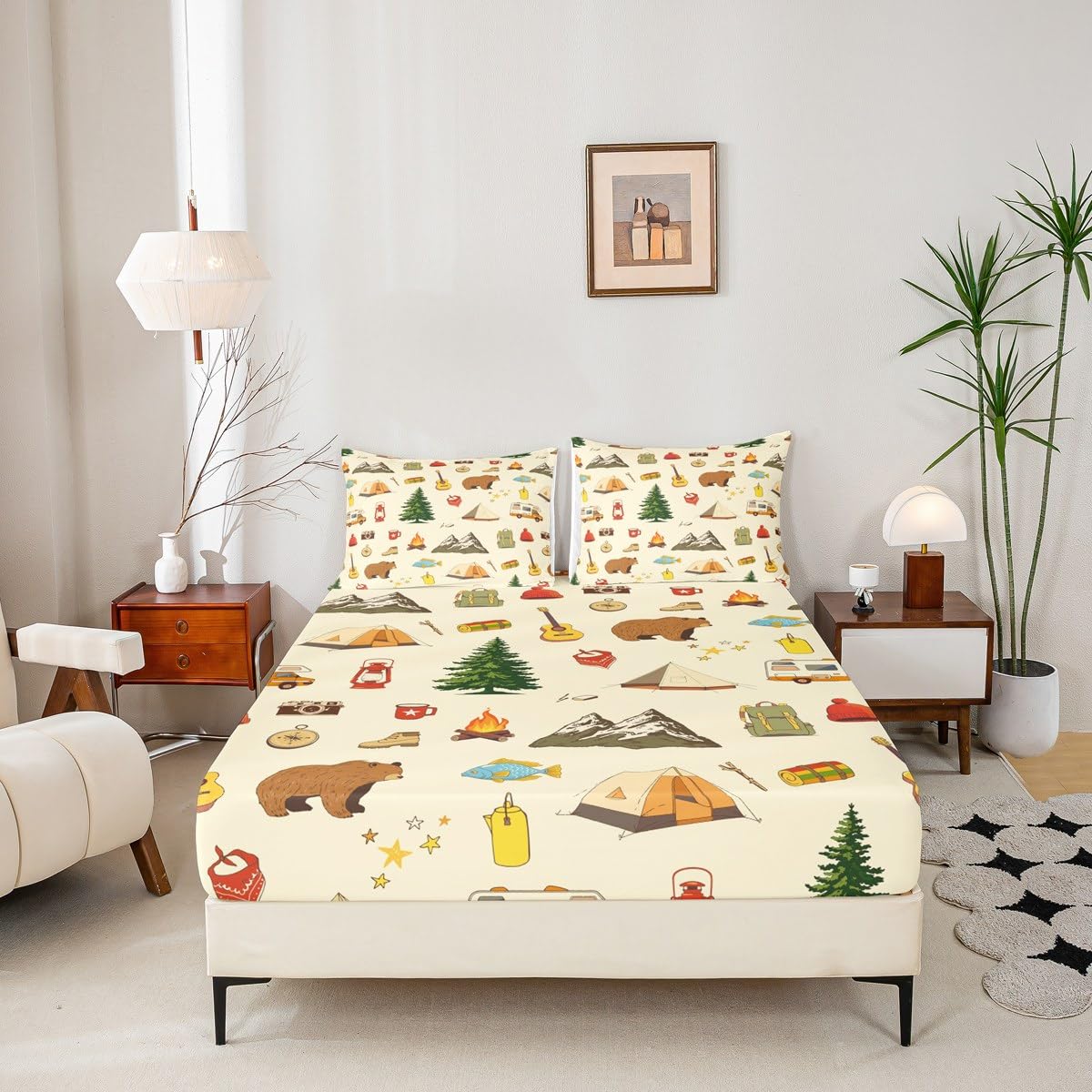 Camping Adventure Fitted Sheet Twin for Boys Teens Girls Kids Room Decor Cartoon Bear Tent Mountain Tree Bed Sheet Outdoor Life Bedding Set 2pcs Traveling Lover Deep Pocket Sheet,1 Pillowcase