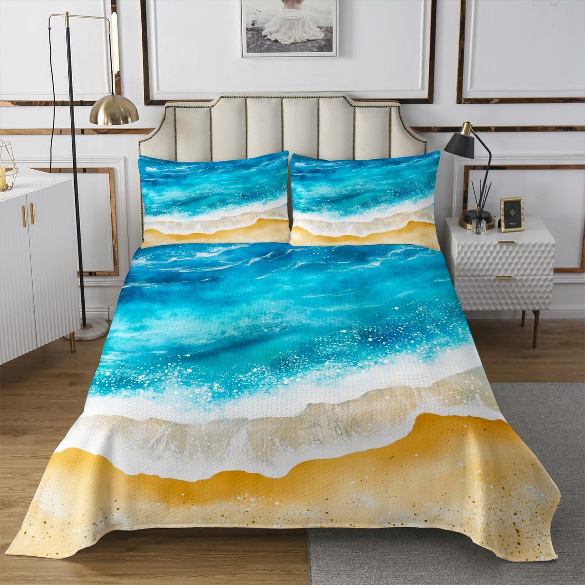 jejeloiu Ocean Sea Bedspread 3 Pieces Queen Size Beach Coverlet Set Soft Cozy Coastal Summer Lightweight Quilted Coverlet for All Season with 2 Pillowcases