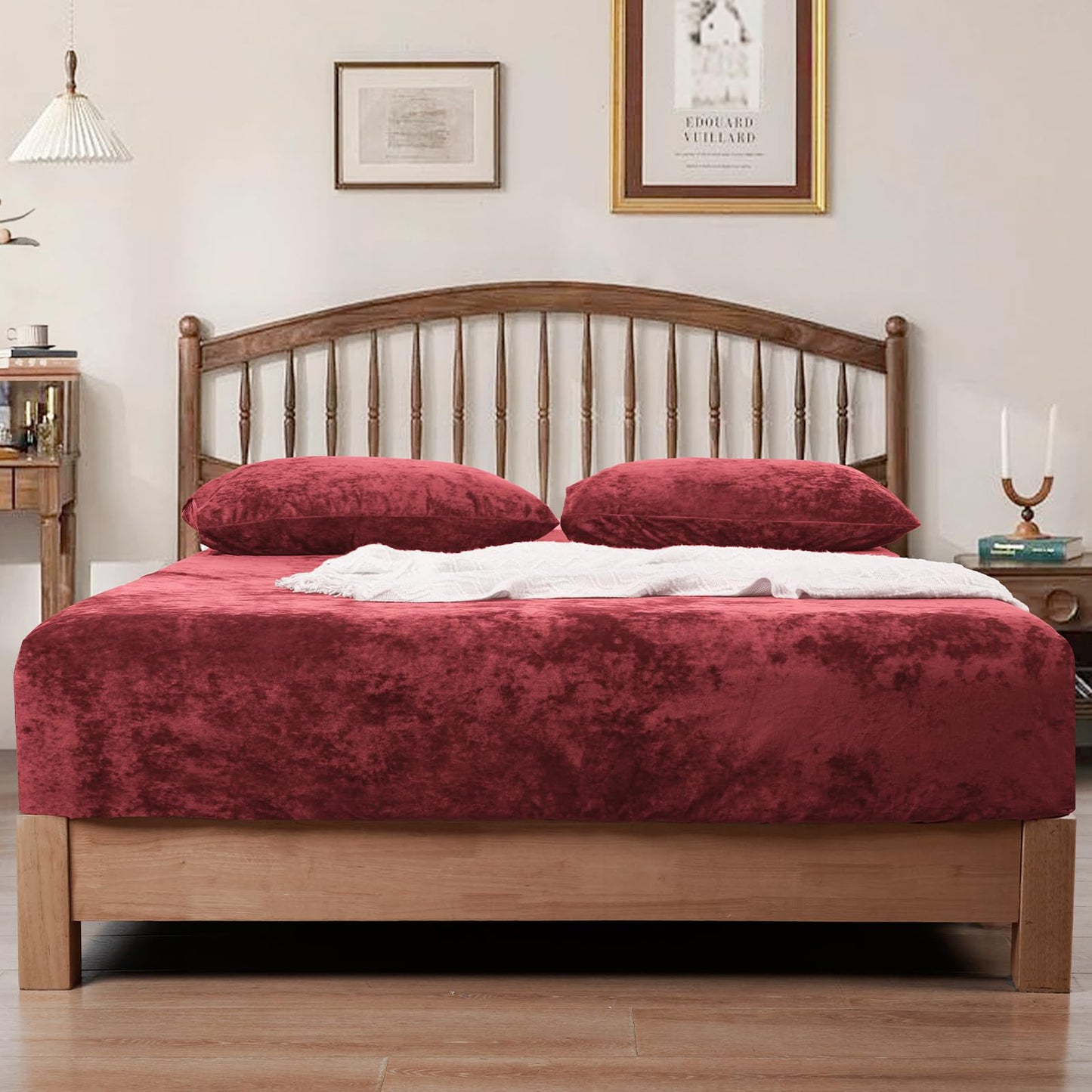 PHF Truly Velvet Fitted Sheet Only Full Size, Luxury Super Soft Cozy Fuzzy Flannel Bottom Sheet, Deep Pocket Up to 16",Strenghth Elastic Band, Suitable for Fall Winter Spring, No Pillowcases, Wine Red