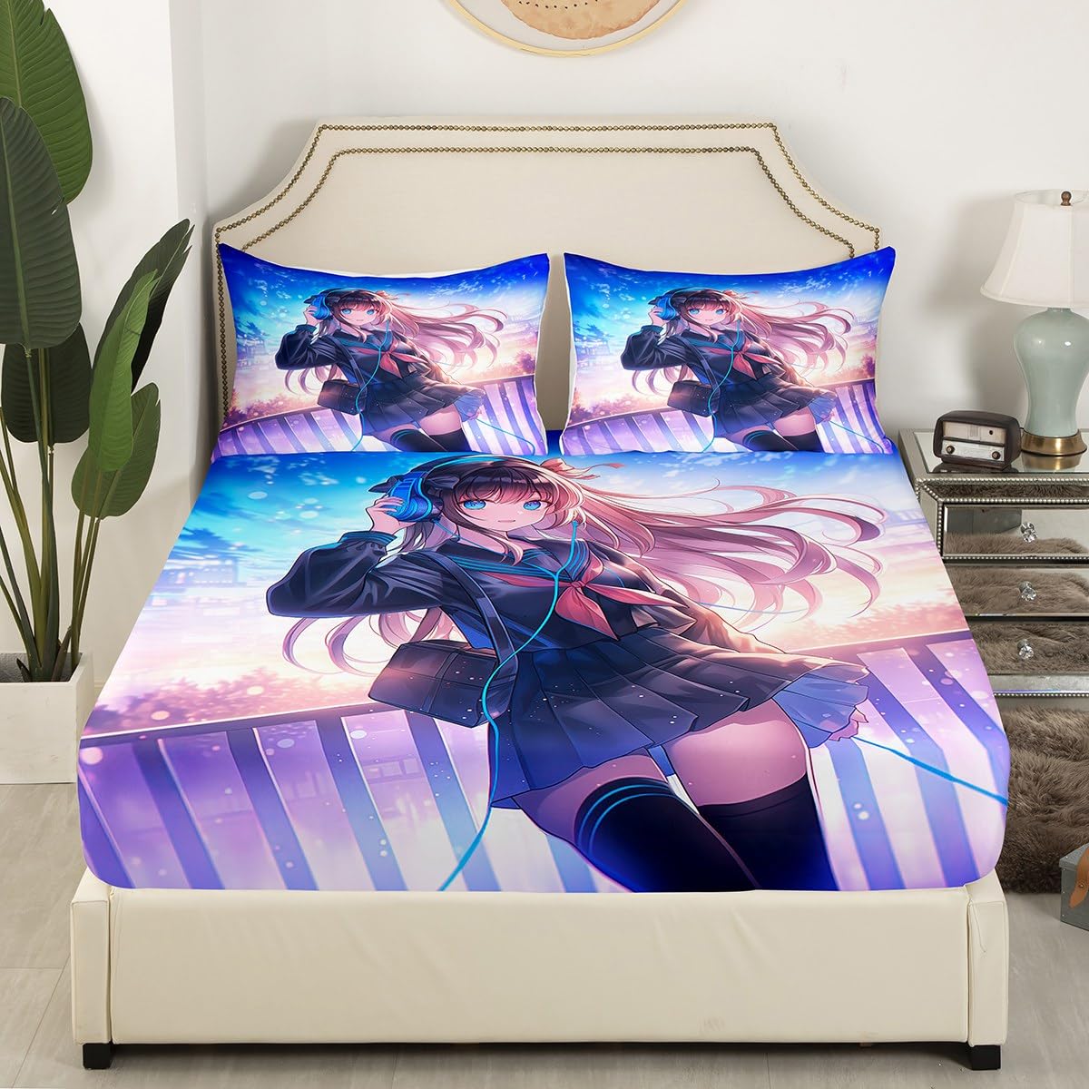 Erosebridal Anime Girl Bed Sheets Queen Size, Japanese Anime Fitted Sheet Top for Kids Boys Teens Bedroom Decor, Cartoon Girl Sheet Set Kawaii Japanese Animation Bedding Set with 2 Pillow Cases