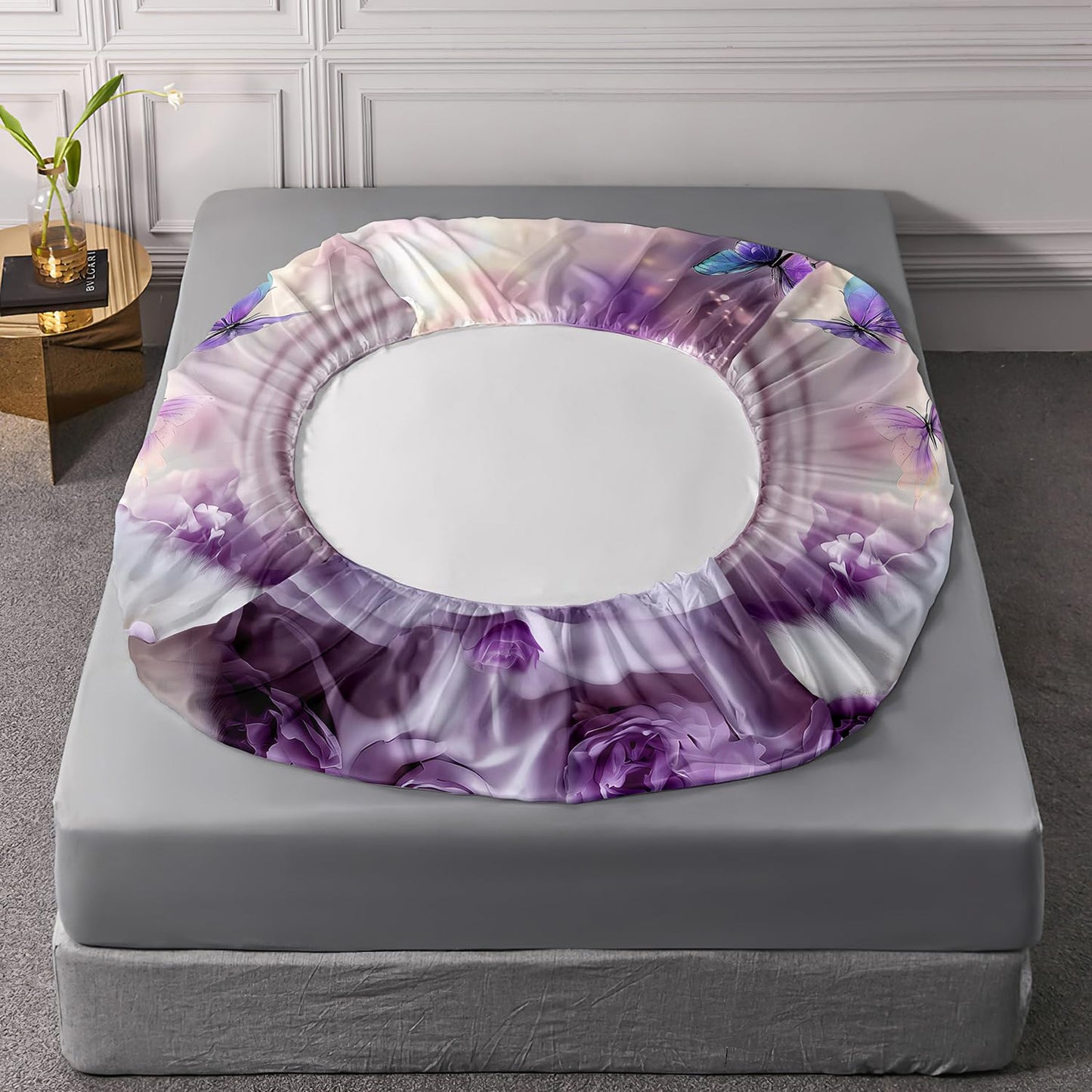 AILONEN Girls Cat Kitten Fitted Sheet Set Full Size,Purple Rose Butterfly Cat Princess Kids Bedding Set,White Cat Fitted Sheet with 2 Pillowcases,Beautiful Cat Bed Sheet Set 3 Pieces