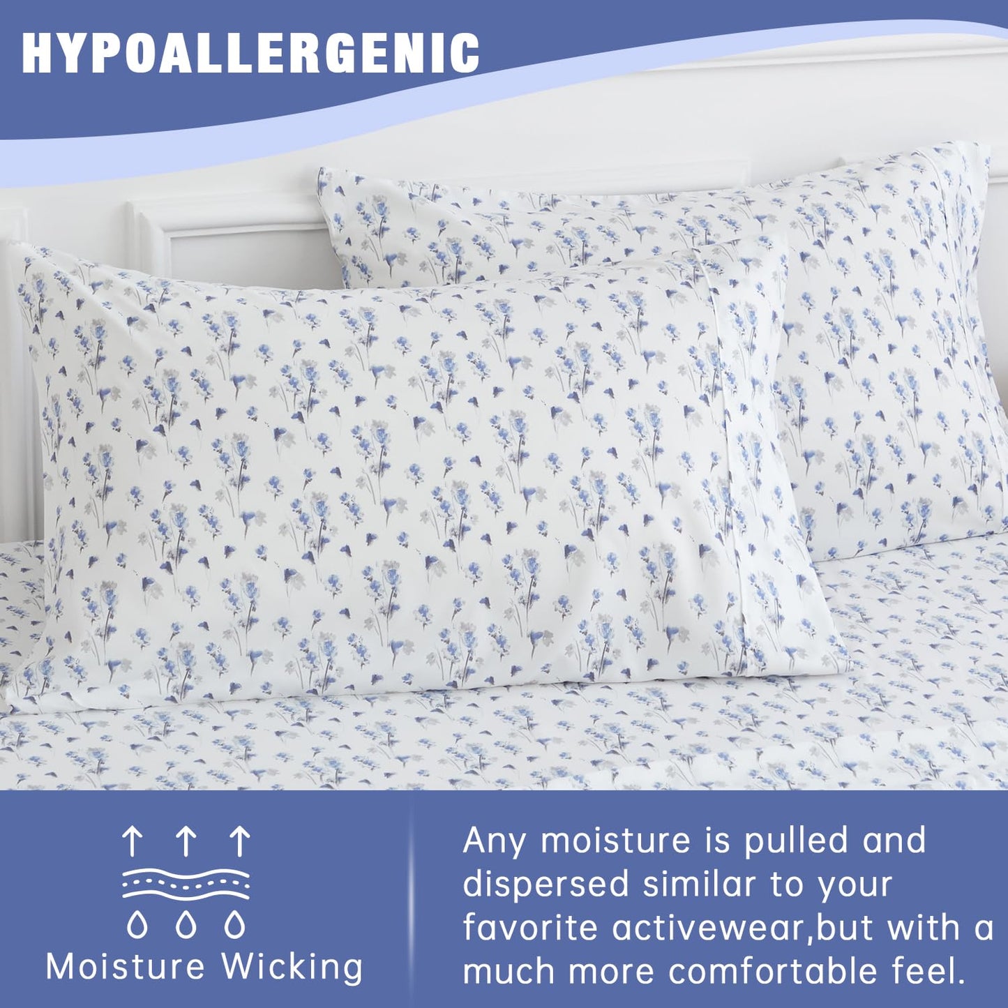 California King Sheet Set 4PC Printed Light Blue Flower Pattern Double Bed Luxury Cooling Soft 100% Microfiber Brushed Sheets 17” Deep Pocket, Easy Care, Breathable, Wrinkle Free, Machine Washable