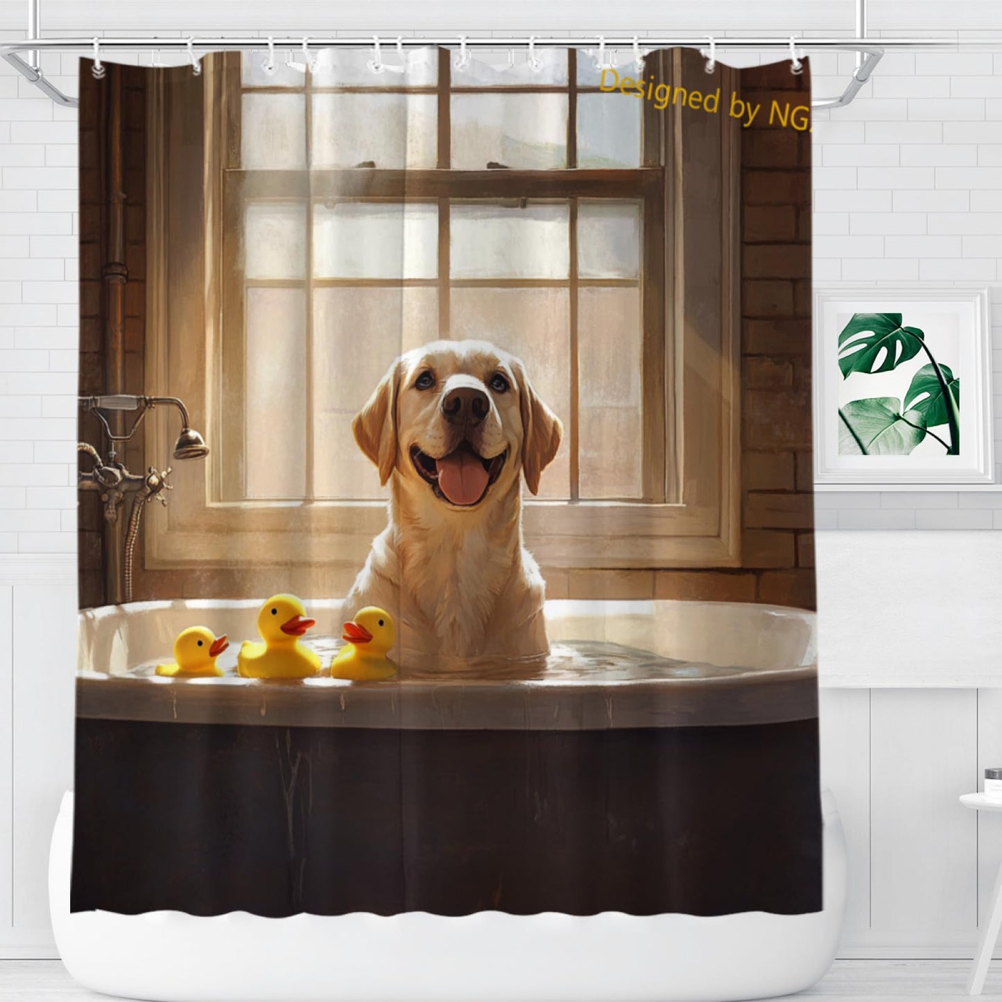 NGZ Funny Labrador Retriever Taking Shower with Rubber Ducks Shower Curtain Durable Waterproof Fabric Bathtub Sets Home Fabric Bathroom Shower Curtain Set with Hooks 72x72 Inch
