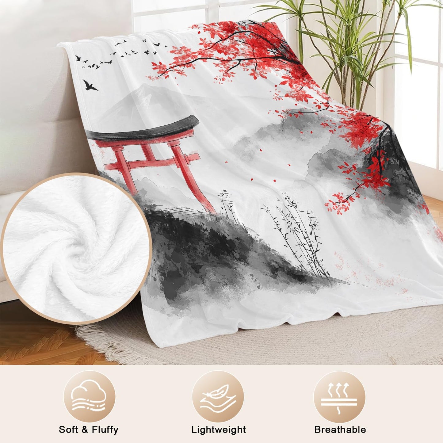 Japanese Samurai Blanket for Women Mens, Japanese Cherry Blossom Fleece Blanket Gifts for Boys Girls, Warm Cozy Soft Flannel Stuff for Bed Sofa Couch 50" x 40"