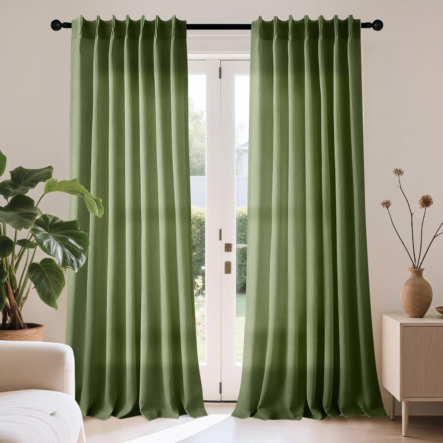 Joydeco Olive Green Pinch Pleated Linen Curtains 84 Inch Long 2 Panel Set for Living Room, Semi Sheer Curtain for Bedroom, Back Tab Light Filtering Drapes with Adjustable Hooks (40”W x84”L)