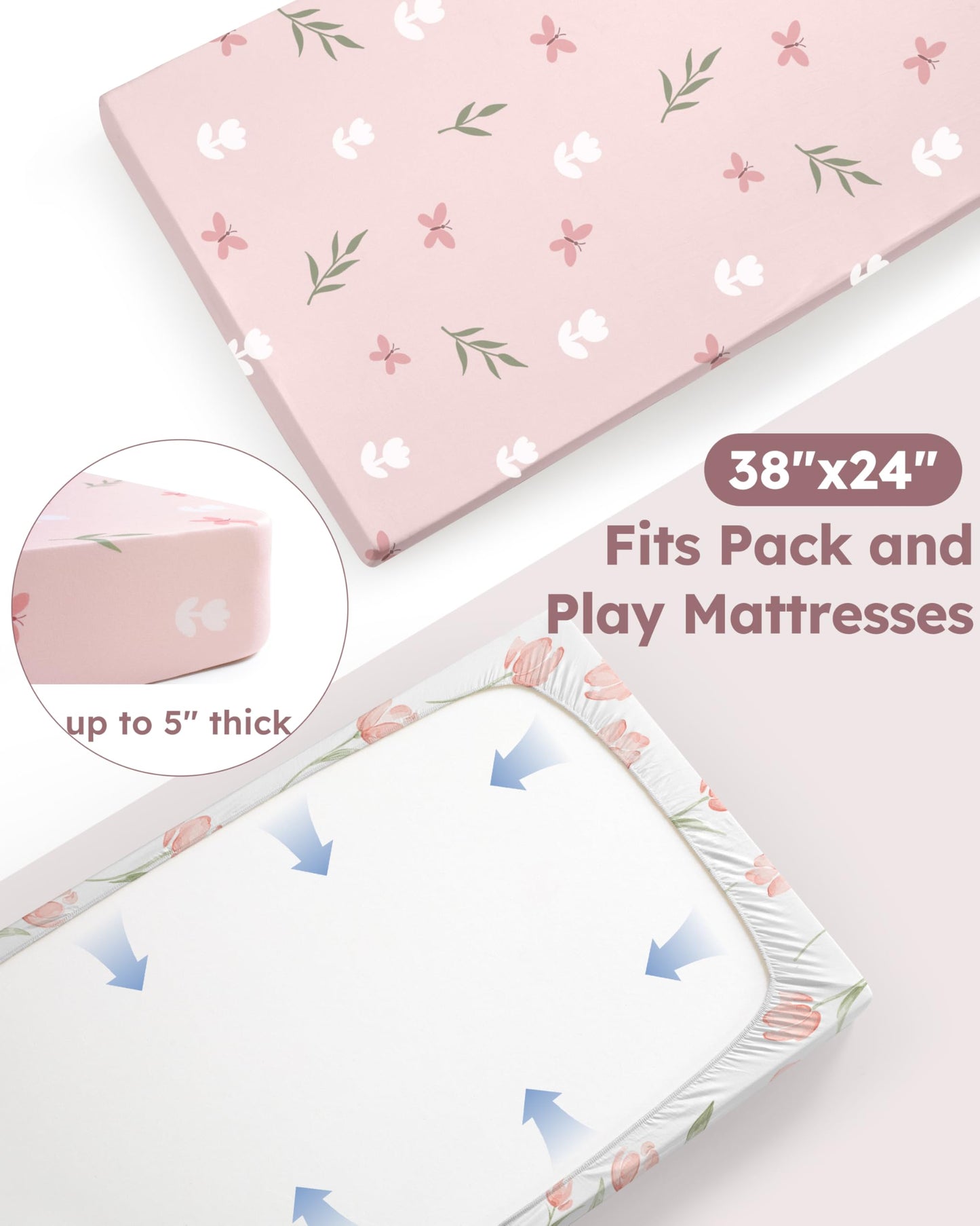 Nyessmee Mini Crib Sheets for Girls, 38" x 26" Pack and Play Fitted Sheets for Pack n Play Mattress, Soft Breathable Playard Sheets, 2-Pack Pink Tulips