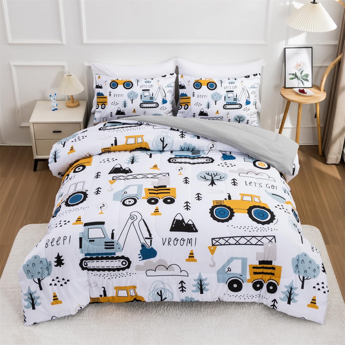 NTBED 5 Pieces Construction Truck Twin Comforter Set for Boys Kids Forest Vehicles Excavator Lightweight Microfiber Bedding Sets