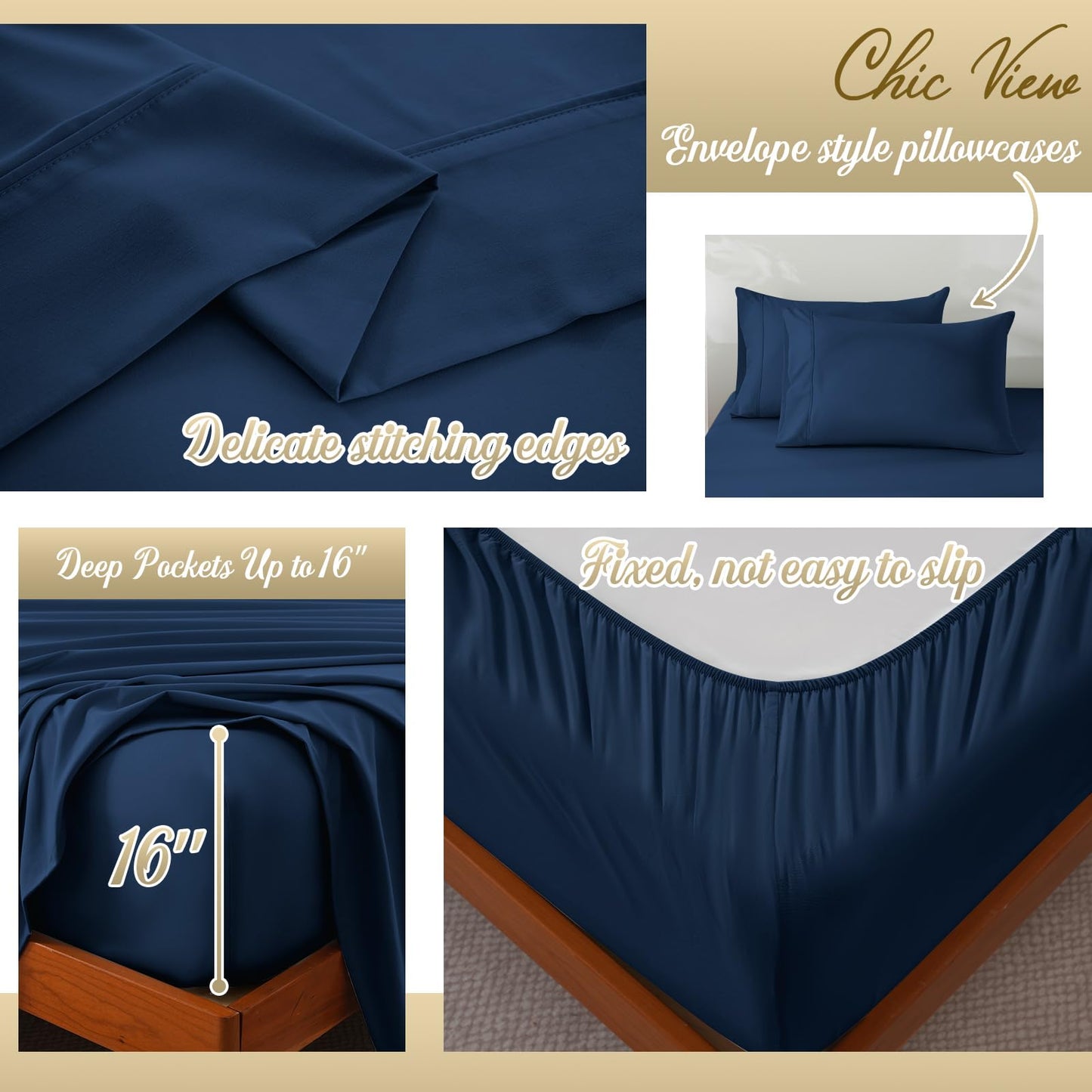 ChicView Full Sheet Set,4 Pieces Hotel Luxury Breathable Soft Microfiber Bedsheets, Anti Pilling Deep Pockets Easy Care Bed Sheets, Navy Blue