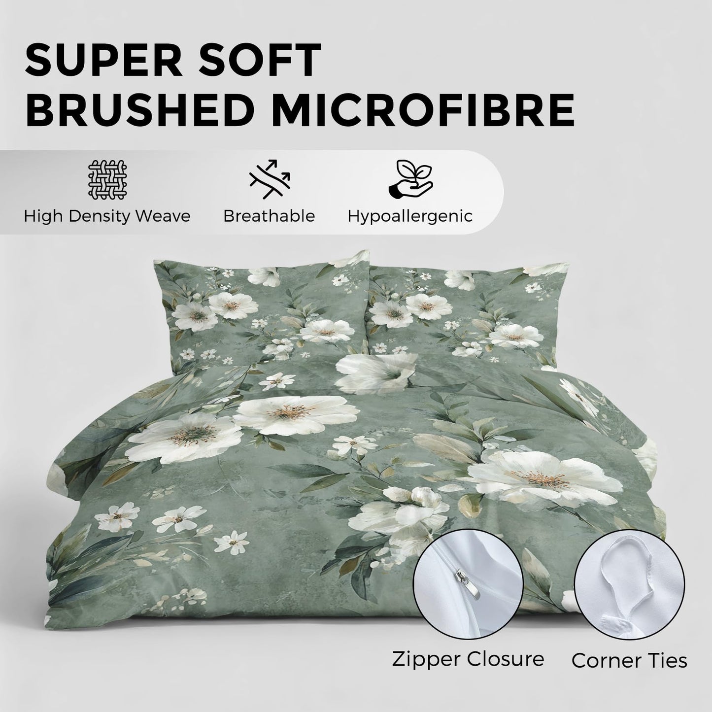 Floral Duvet Cover Queen, Botanical Leaves Bedding Set 3 Piece & 2 Pillowcases, White Flower Bedroom Decor, Reversible Soft Microfiber, Zipper Ties