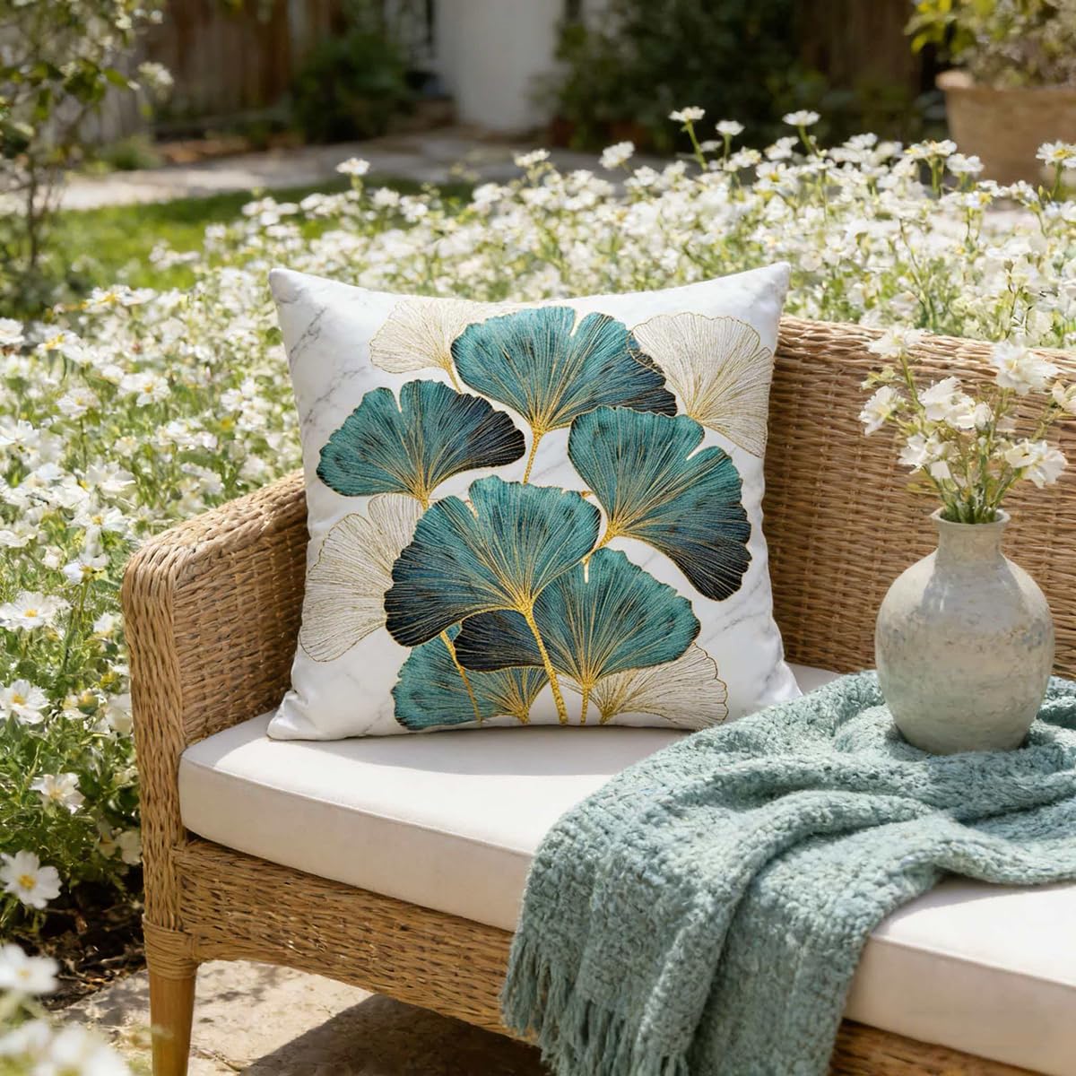 F Finerease Throw Pillow Cover Teal Ginkgo Leaves - 18 x 18 Inch Turquoise Pillow Cushion Cover - Set of 2 Square Cushion Case, Great for Sofa, Bedroom, Yard, Living Room Home Decor