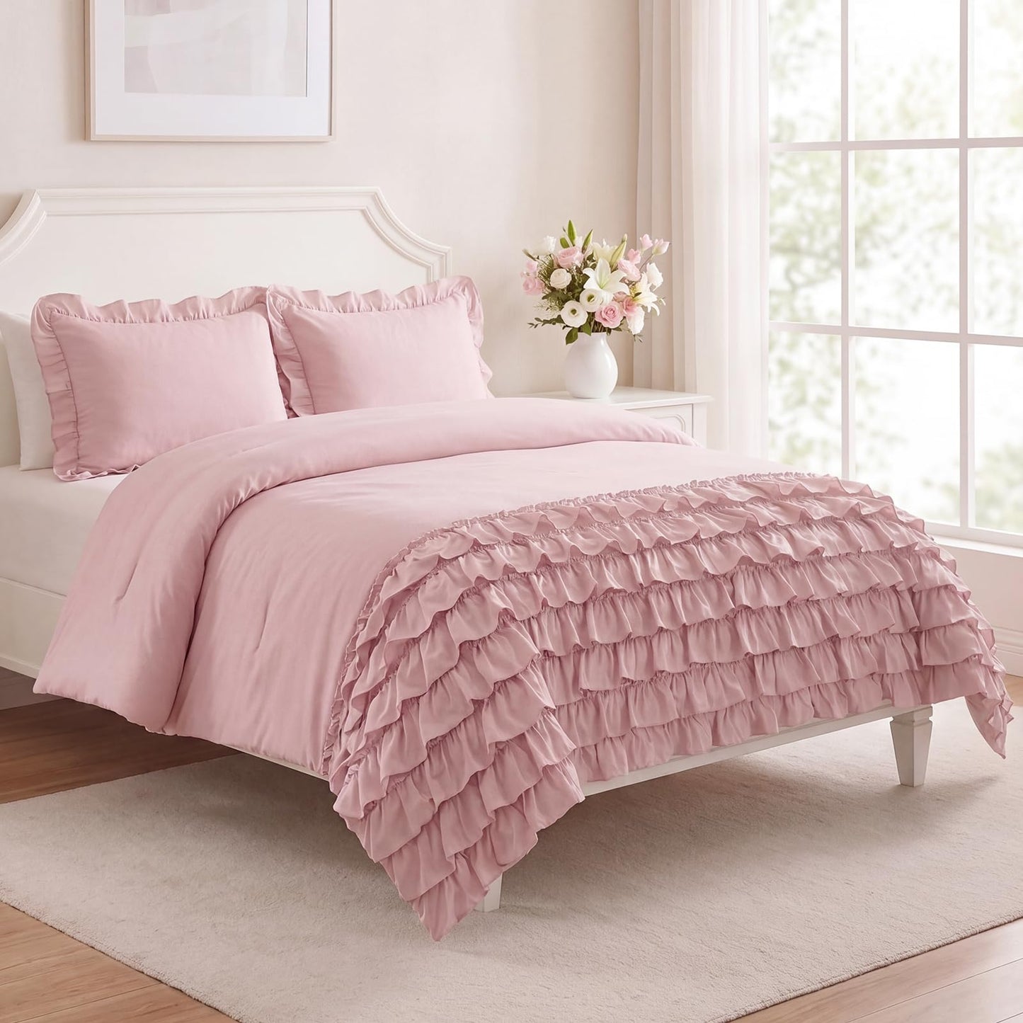 Bedorm 100% Cotton Duvet Cover Set King Pink Ruffle Bedding Set Multi-Layers Ruffled Design Shabby Chic Duvet Cover 3Pcs Soft Breathable Cotton Bed Set