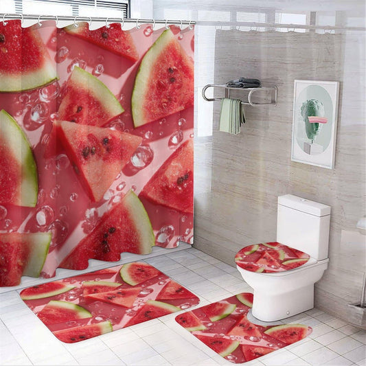INSFBRB Modern Realistic Watermelon Shower Curtain Sets with Rug,Toilet Lid Cover and Bath Mat,Colorful Rustic Summer Fruit Watermelon 4 Piece Bathroom Set