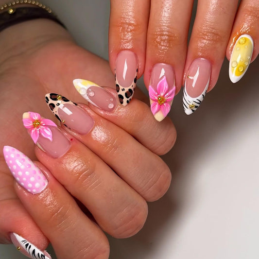 octoswave Press on Nails Medium Almond Fake Nails Pink French Artificial Nail 3D Flowers Stick on Nail for Women 24pcs