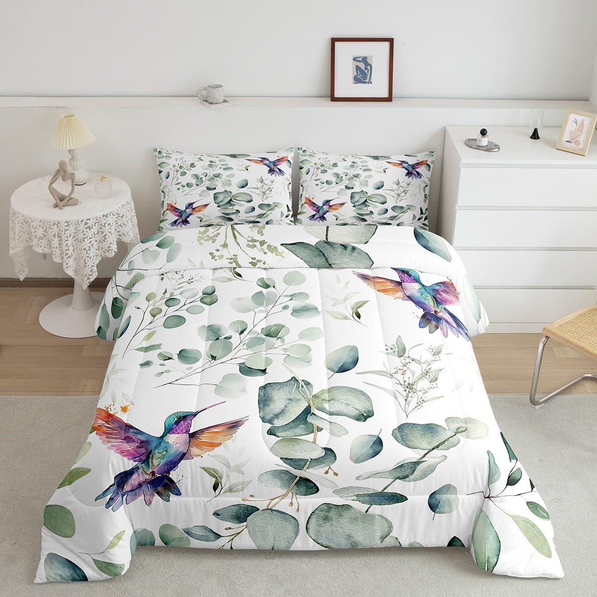 Erosebridal Cartoon Hummingbird Bedding Comforter Sets 7pcs Wildlife Bird Bed in a Bag, Spring Plant King Bedding Sets Eucalyptus Leaf Comforter Set, Jungle Animal Theme Bedding Sets Kids Room Decor
