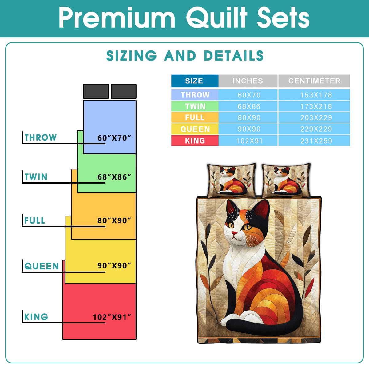Jeminise Cat Quilt Set - Cat Patchwork Style Printed Bedding, Animal Patchwork Bedset, Farmhouse Blanket with Pillowcases, Premium Quilt Pattern Bedding Set, Twin Full Queen Size