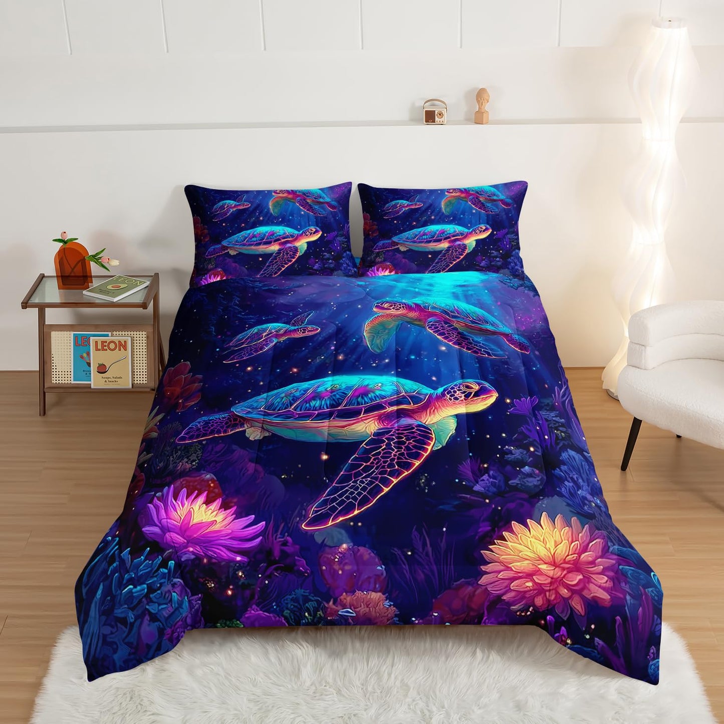 HOSIMA Sea Turtle Twin Comforter,Glowing Background Pattern Coastal Bedding for Kids Boys Girls Room Decor,Corals Print Ocean Themed Animal Bedding with 2 Pillowcases.