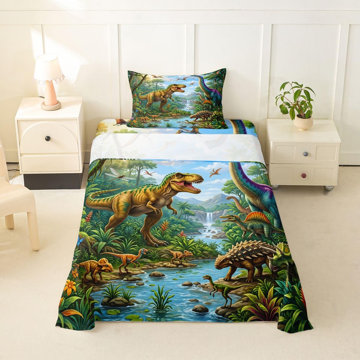 Feelyou Dinosaur Bed Sheets Set Twin Size 3D Digital Print Bed Set Jungle Dino Deep Pocket Fitted Sheet Wild Animal Breathable Soft Lightweight Microfiber Blue White Green Yellow
