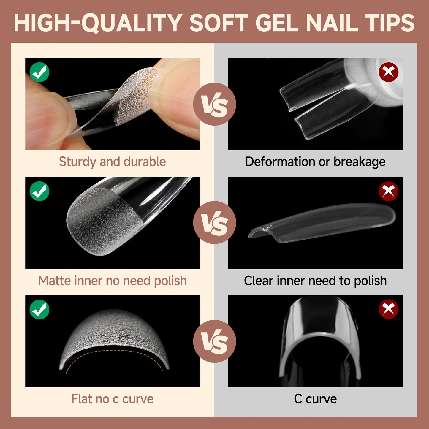 UNA GELLA Coffin Nails Tips, 216 PCS Soft Gel Nail Tips Coffin Half Matte Full Cover False Nails Pre-shaped Clear Acrylic Press on Nails Medium for Nail Extensions Home DIY Salon, 12 Sizes