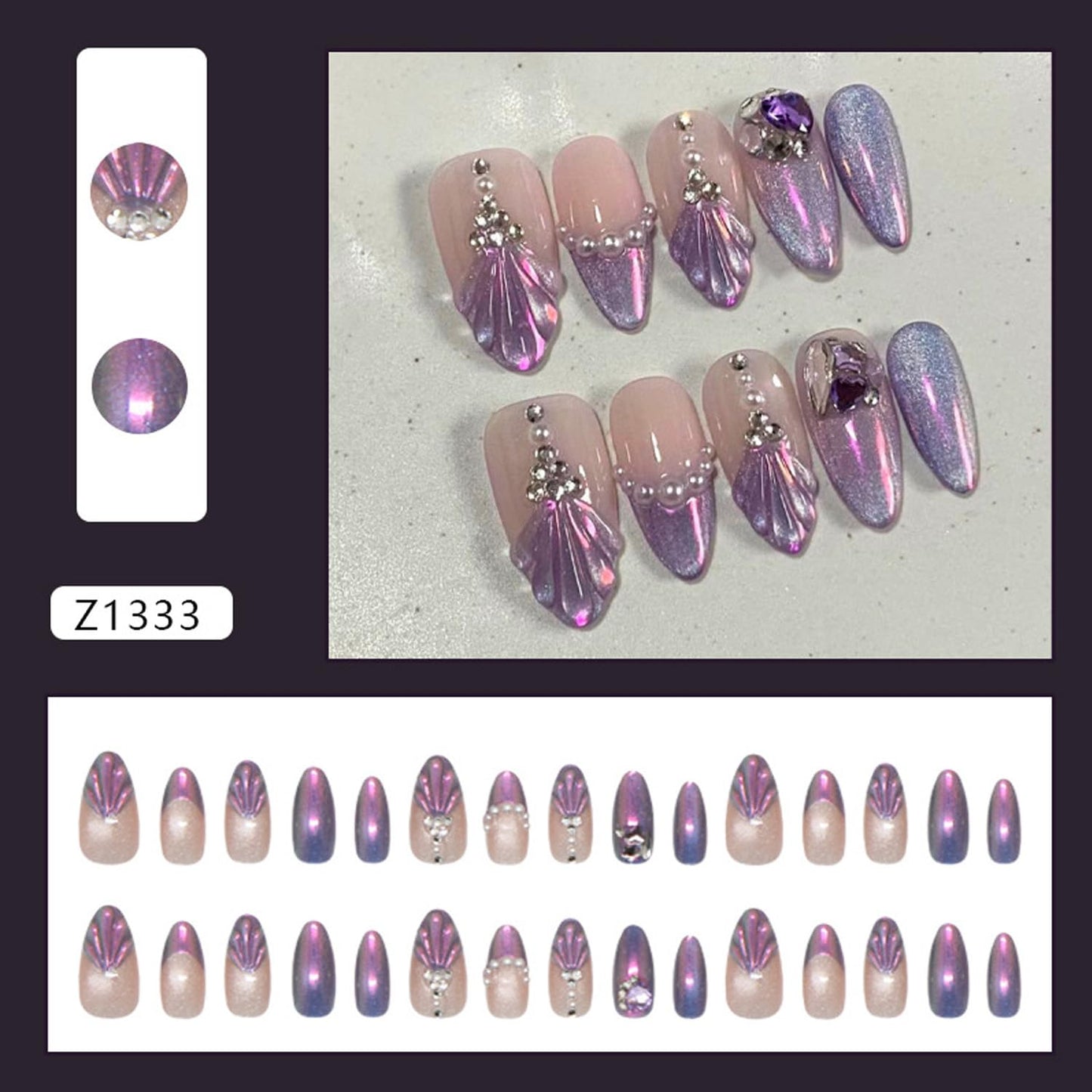 Purple Pink Mermaid Press on Nails, Medium Almond Fake Nails with 3D Shell Pearl Rhinestone Designs, Aurora Glitter False Nails for Women Wedding Party 24Pcs Nail Kit for Women French Tip Manicure
