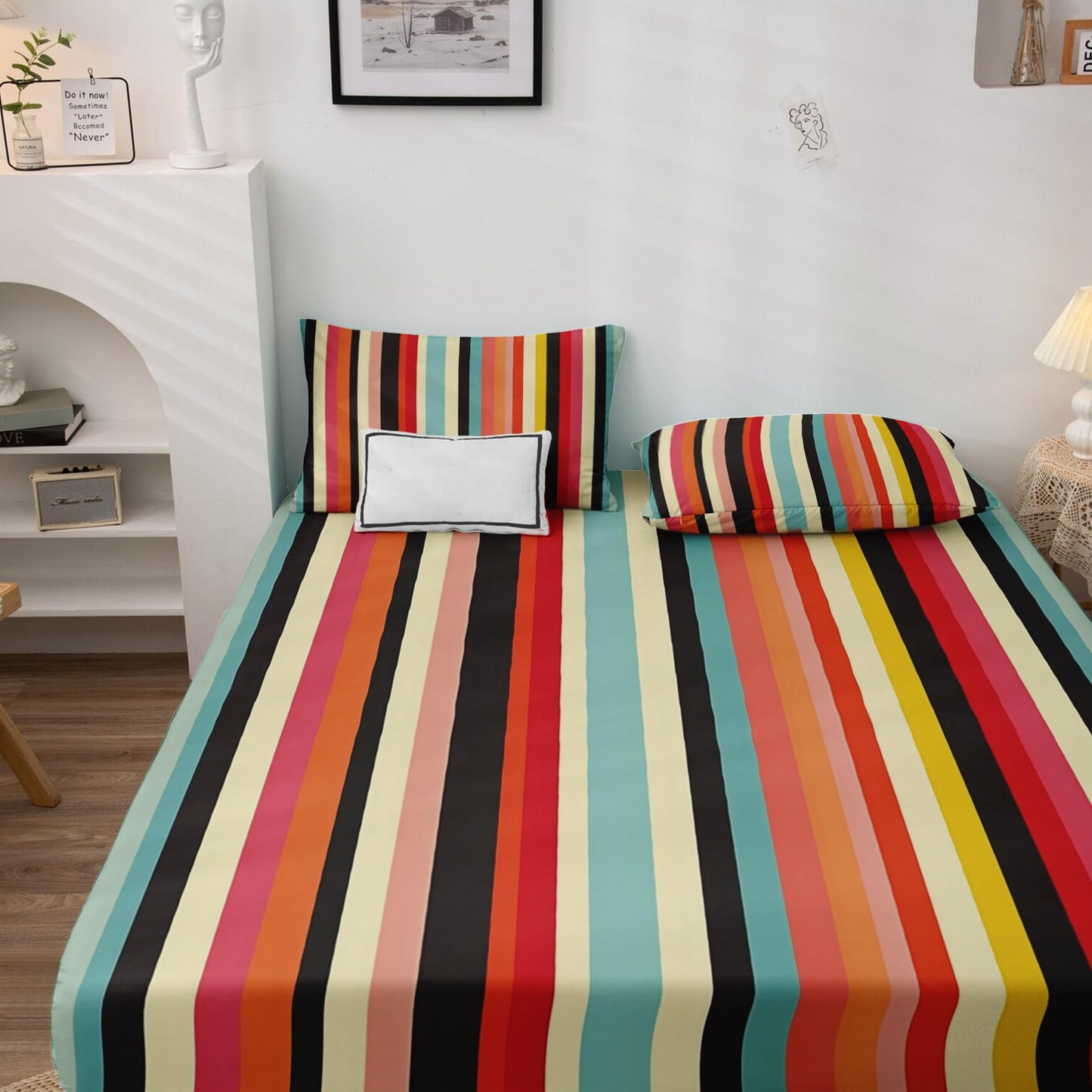 zcsm Colorful Striped Sheets Queen Sheet Set - Multicolor Stripe Bed Sheets, Soft Microfiber & Deep Pocket & Wrinkle Free Bedding Sheets & Pillowcases, 1 Fitted Sheet, 1 Flat Sheet, 2 Pillow Cases