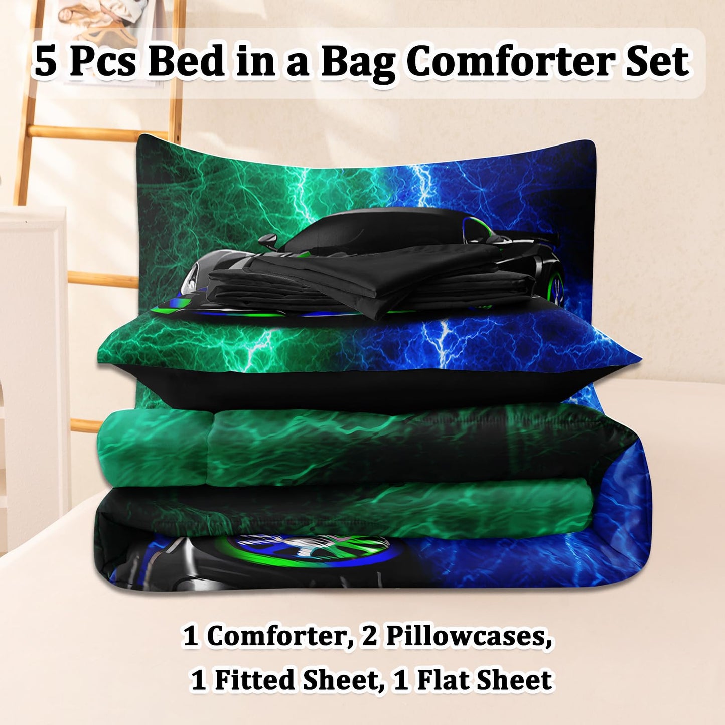 BERTSUCA 5 Pcs Car Comforter Sets for Boys, Cool Blue Green Lightnings Bed in A Bag Full Size Car Bedding Set for Boys Kids