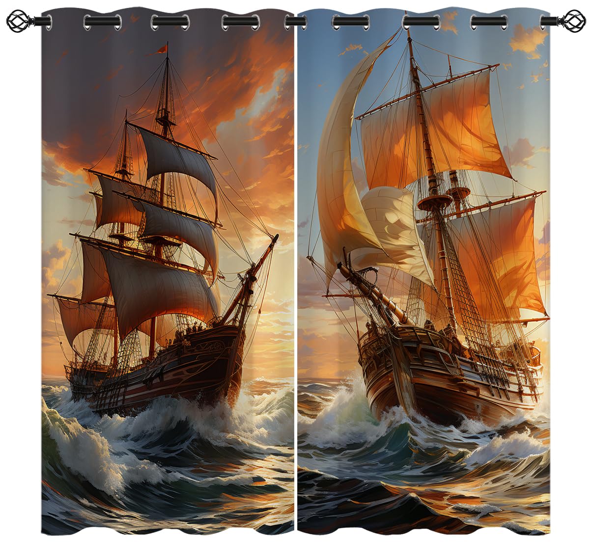 Nautical Blackout Curtains for Girls Boy Home Decor, Pirate Ship Sailboat Sailing Adventure Ocean Grommet Thermal Insulated Drapes Darkening Window Curtain for Bedroom Living Room, 42 x 45 Inch