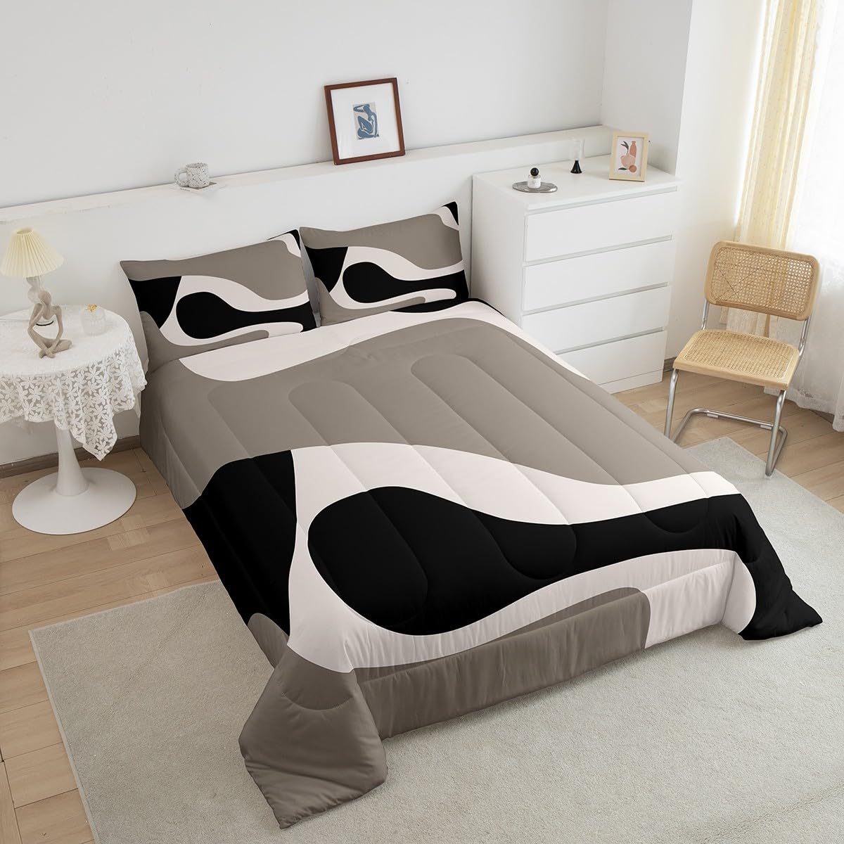 Erosebridal Black Beige Striped Comforter Set Queen Size,Boho Modern Geometric Abstract Bedding for Women Men Adults, Stripes Bold Lines Quilt,Minimalist Stylish Art Bedding Comforter Sets