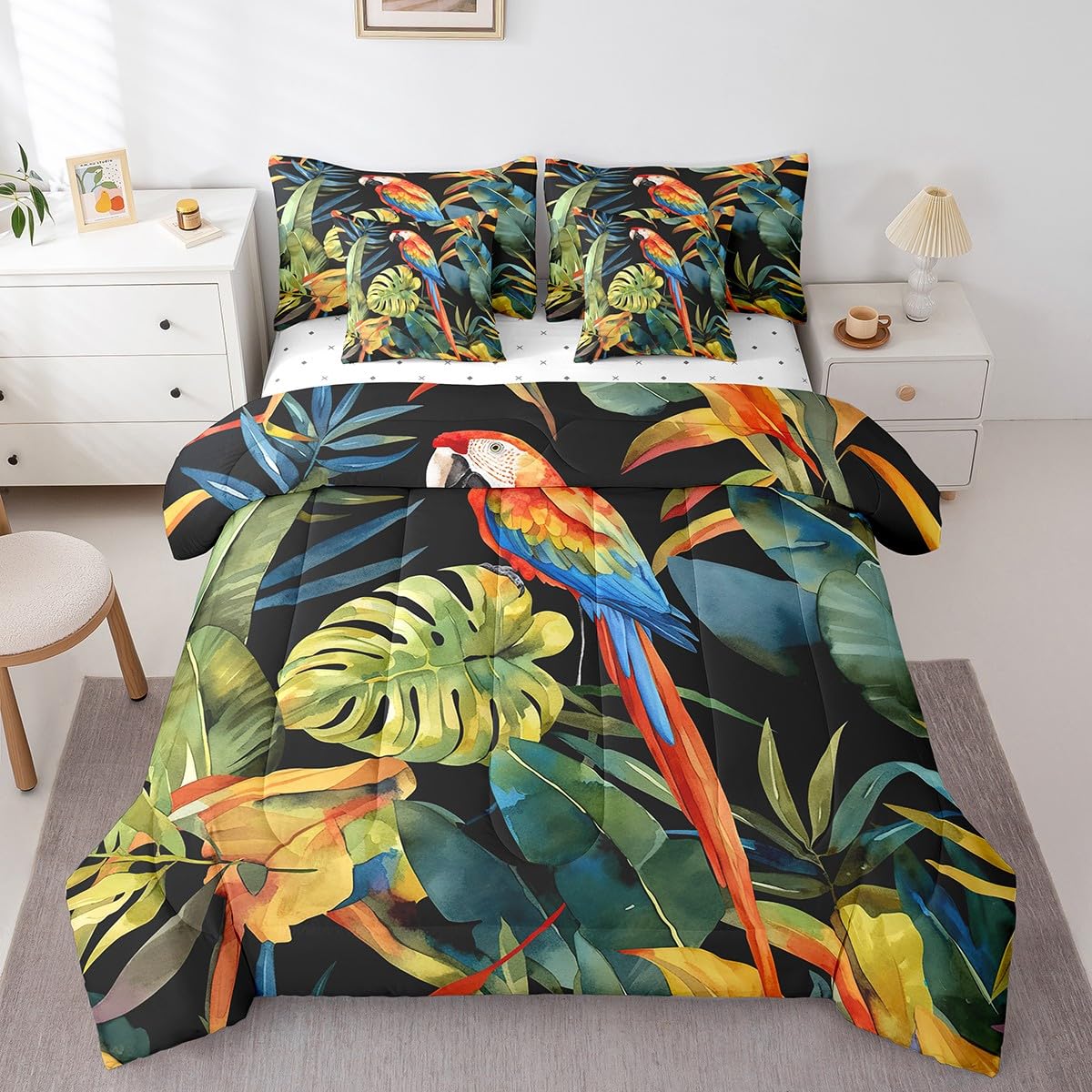 jejeloiu Parrot Comforter Set 7 Pieces Full Size Kids Tropical Leaves Bed in a Bag for Boys Girls Botanical Bedding Set Nature Summer,Comforter + Sheets + Pillowcases + Cushion Covers