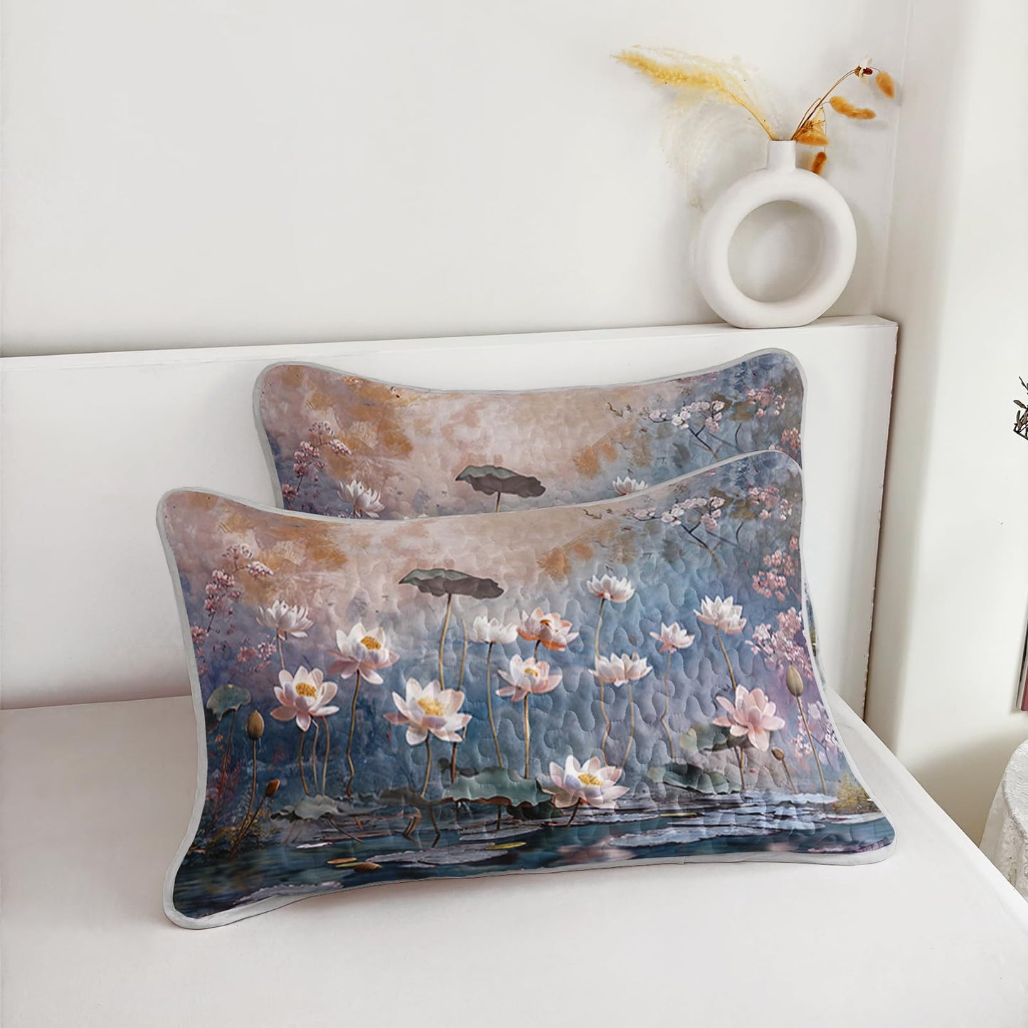 AILONEN King Quilted Comforter 3-Piece Set, Aesthetic Lotus Pond Bedspread Coverlet with 2 Pillowcases, Soft Zen Painting Bedding for Adults Luxury Suite Large Size Floral Impressionist